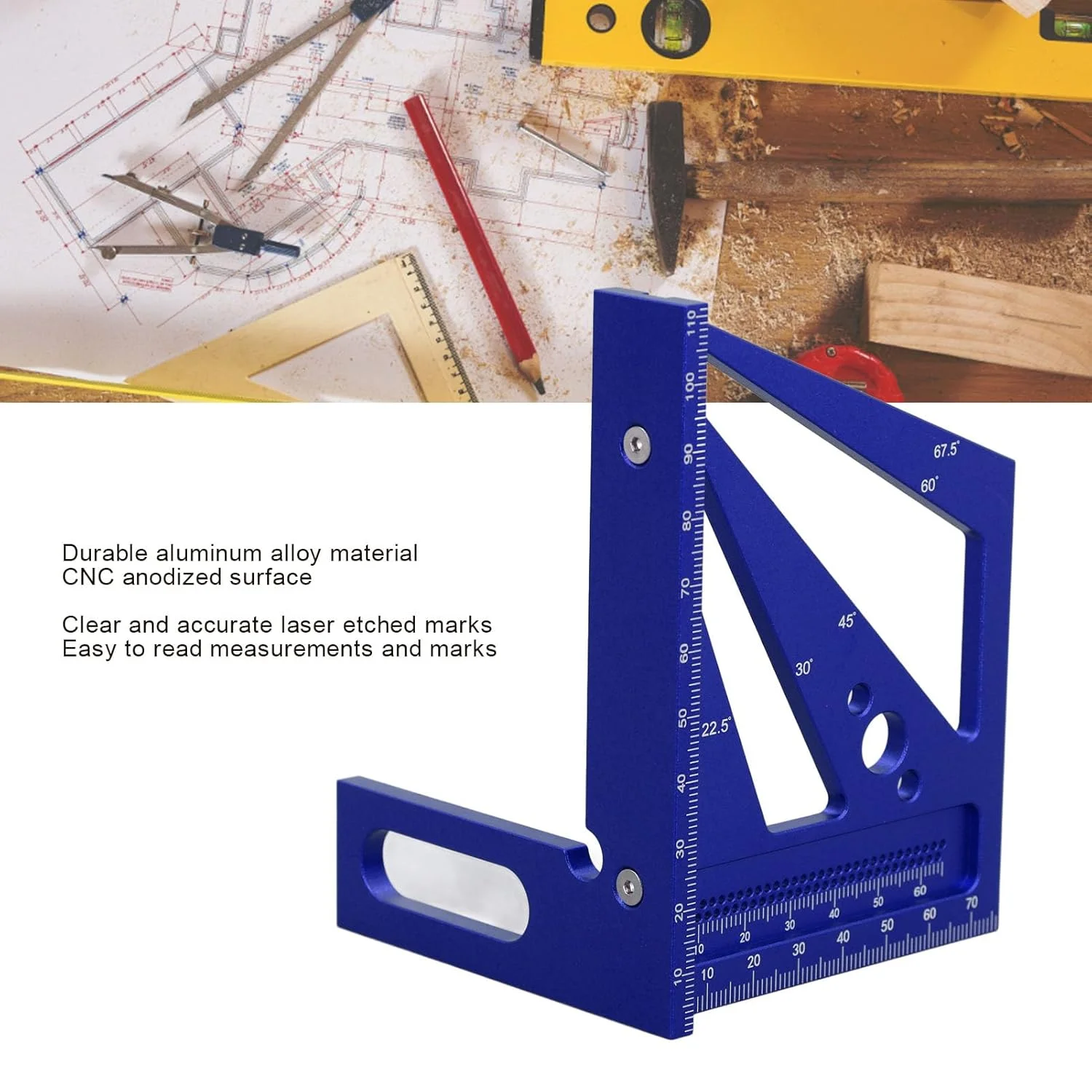 خط کش اندازه گیری چند زاویه ای سه بعدی BusoTh، زاویه سنج نجاری آلیاژ آلومینیوم 22.5-90 درجه، علائم حک شده، مهندس نجار، اندازه جیبی، برای کالیبراسیون اندازه گیری (آبی)