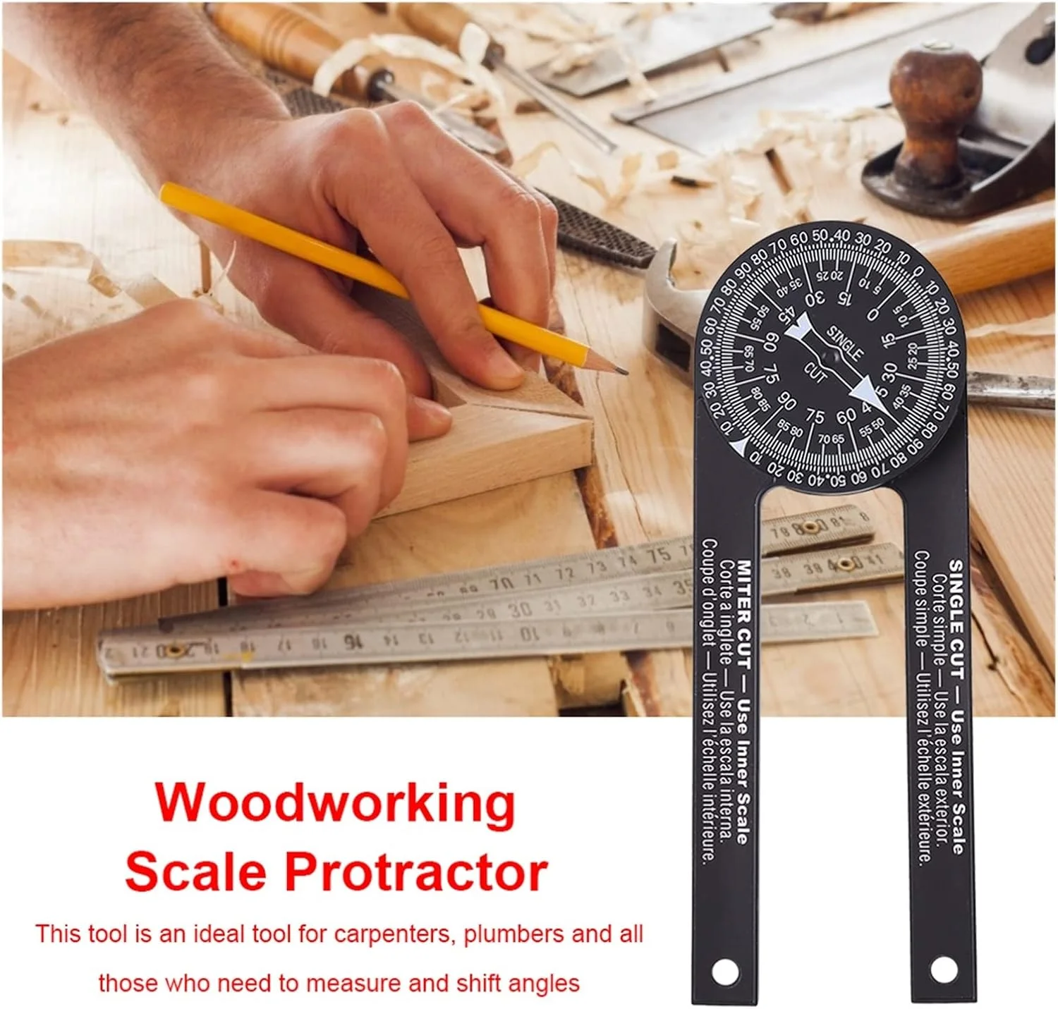 زاویه سنج چوبی JHQWIDD، زاویه یاب اره میتر حرفه ای، ابزار دقیق برای نجاران، لوله کش ها، زاویه سنج اریب، ابزار دقیق نجاری (Bianco)