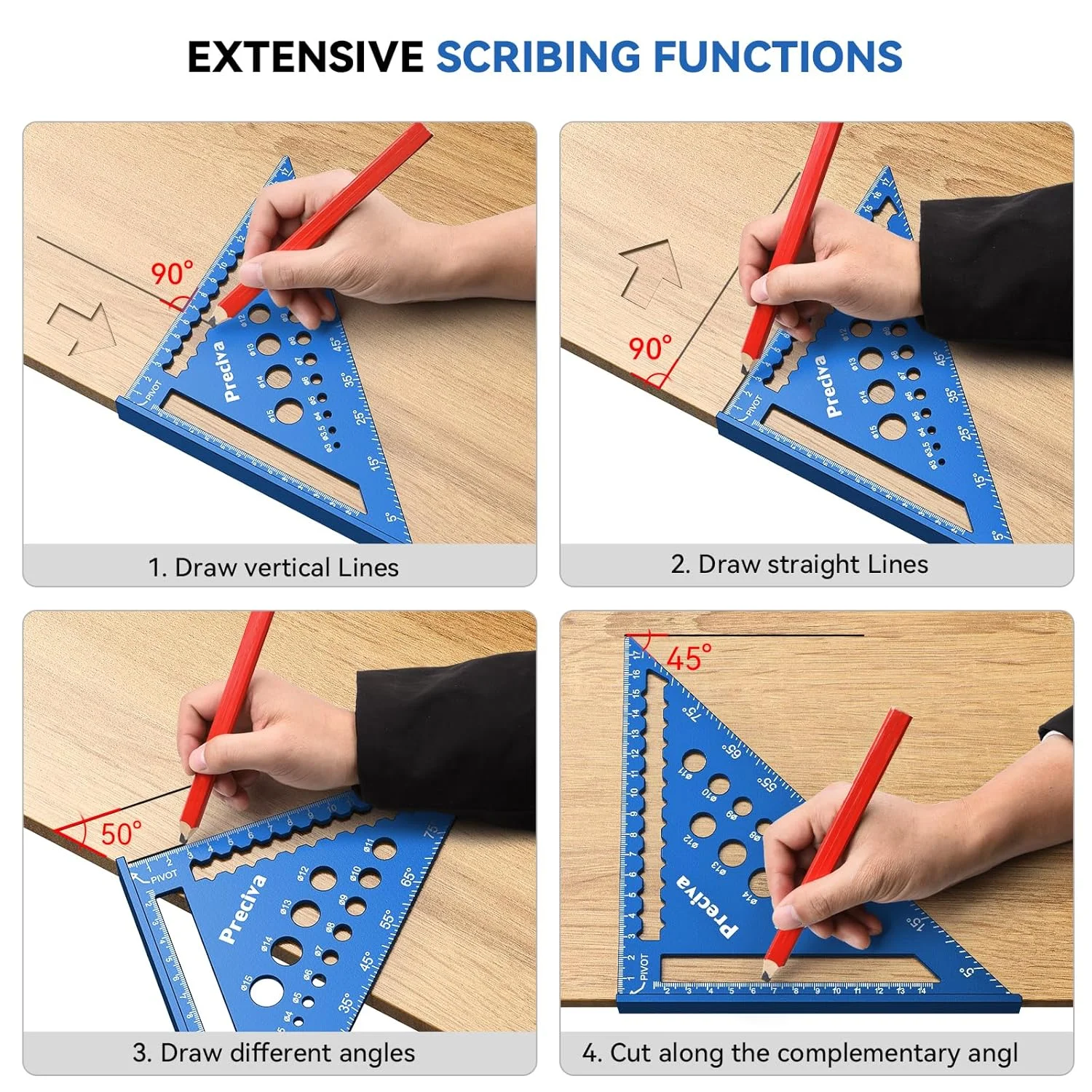 گونیا نجاری Preciva، گونیا تراز چند منظوره فلزی آلومینیومی راهنمای زاویه 18 سانتی متر گونیا نجاری نقاله زاویه زاویه 45 و 90 درجه ابزار علامت گذاری زاویه آبی