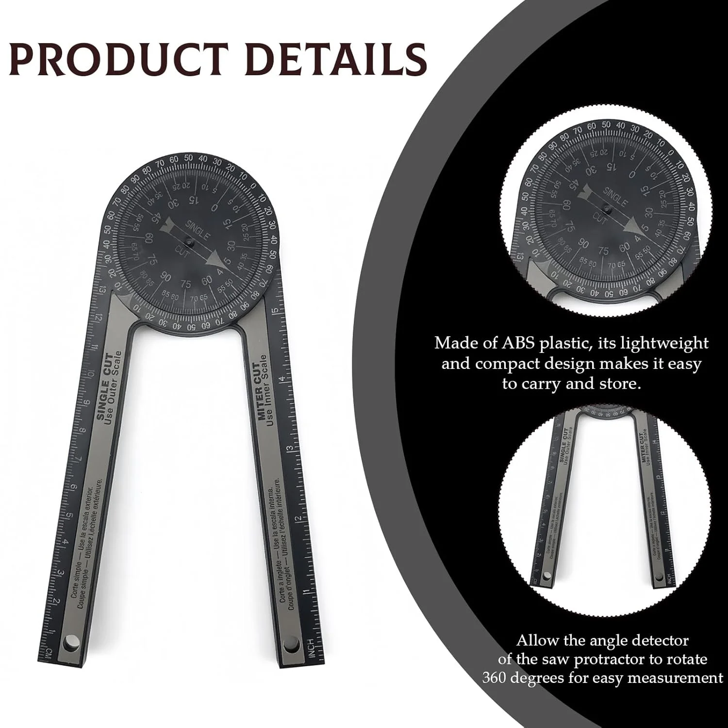 نقاله پلاستیکی مشکی، نقاله 360 درجه مربع نجاری، ابزار زاویه یاب برش، مناسب برای نجاری، ساخت و ساز، تعمیر و نگهداری.