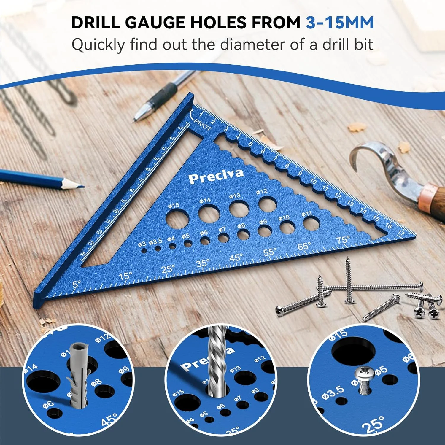 گونیا نجاری Preciva، گونیا تراز چند منظوره فلزی آلومینیومی راهنمای زاویه 18 سانتی متر گونیا نجاری نقاله زاویه زاویه 45 و 90 درجه ابزار علامت گذاری زاویه آبی