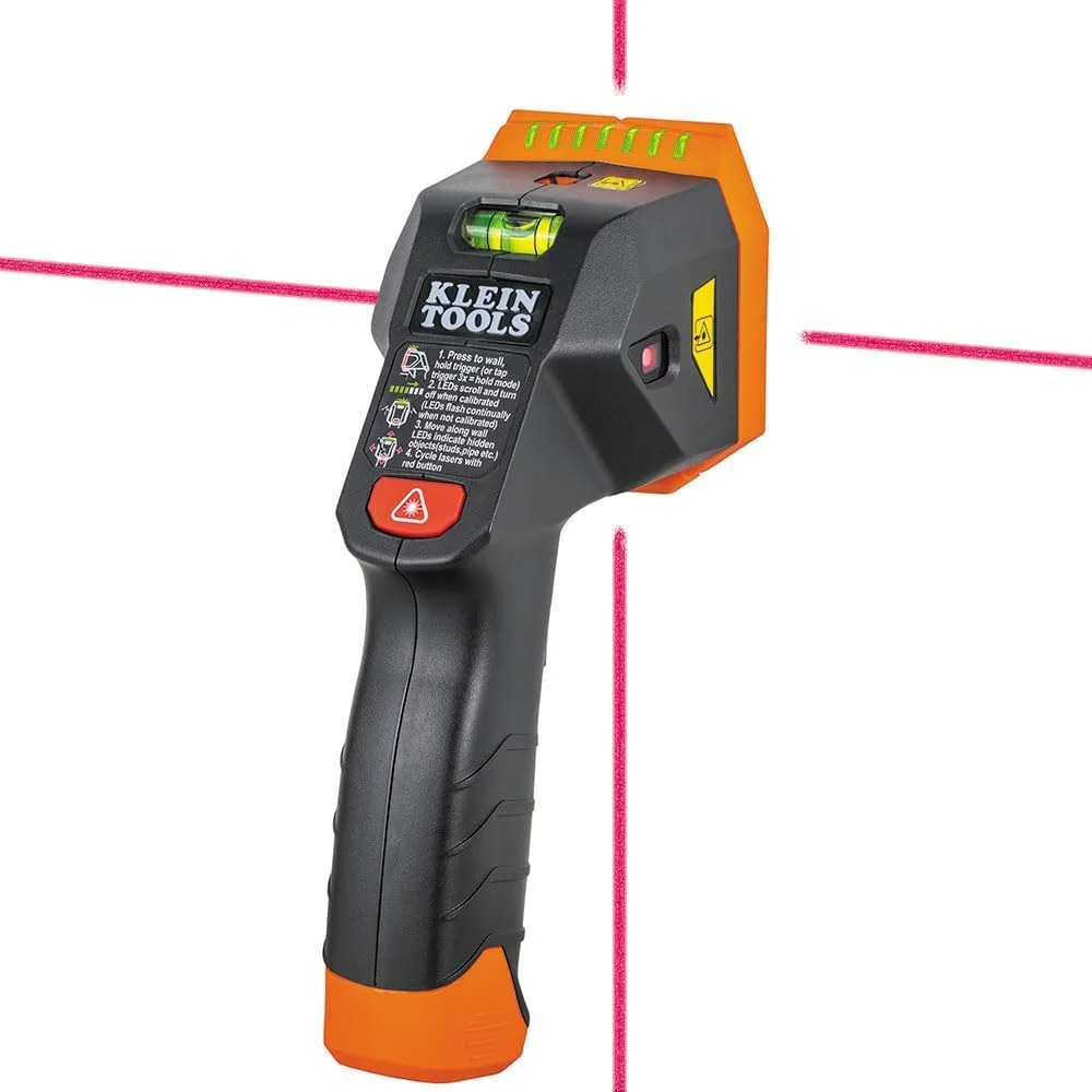 دستگاه ردیاب الکترونیکی Klein Tools ESF150LL با لیزر متقاطع، تراز حبابی، لیزر کلاس 3R؛ ≤5mW؛ 15 فوت در تمام جهات، برای یافتن استادهای چوبی و فلزی، دارای LEDهای سبز روشن، شامل باتری