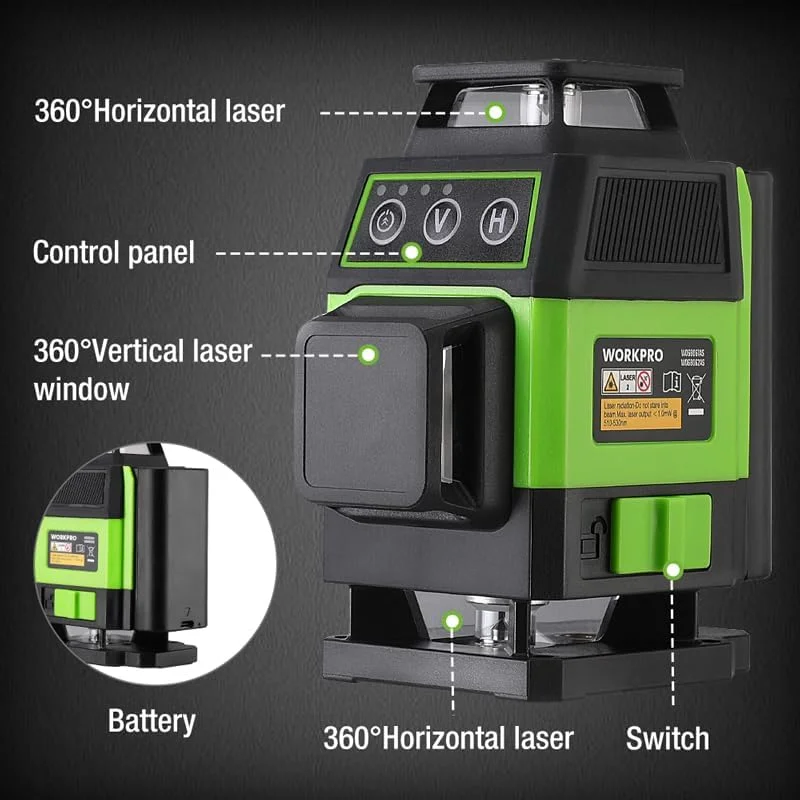 کیت تراز لیزری خودتراز شونده 3x360° 12 خطی سبز رنگ WORKPRO کیت تراز لیزری خودتراز شونده 3x360° 12 خطی سبز رنگ WORKPRO