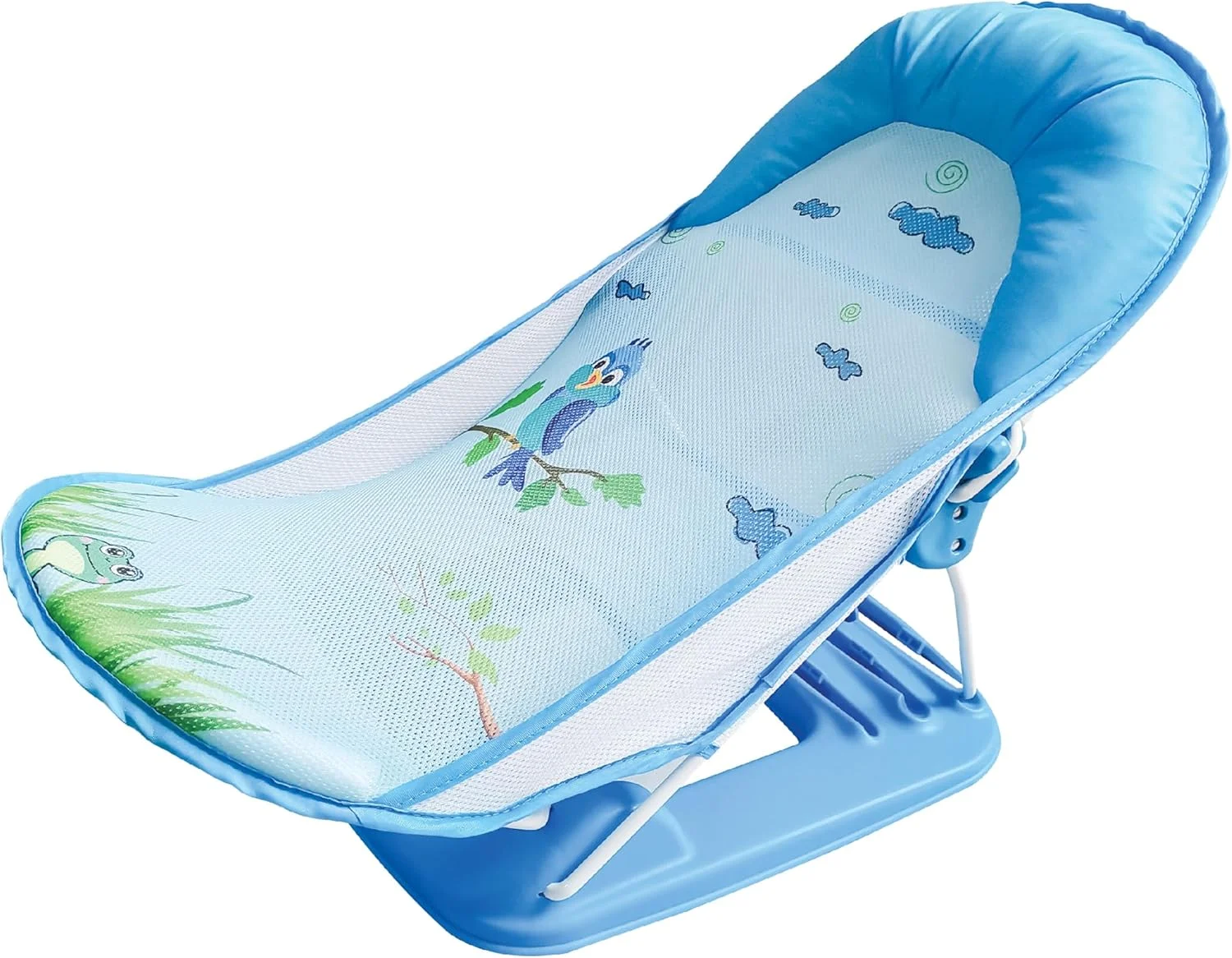 صندلی حمام کودک ماه مدل Shower Me - صندلی حمام کودک قابل تنظیم با 3 حالت خوابیده - صندلی نوزاد با پارچه توری قابل جدا شدن/شستشو - تاشو - مناسب برای وان/سینک از 0 ماهگی - آبی تیره