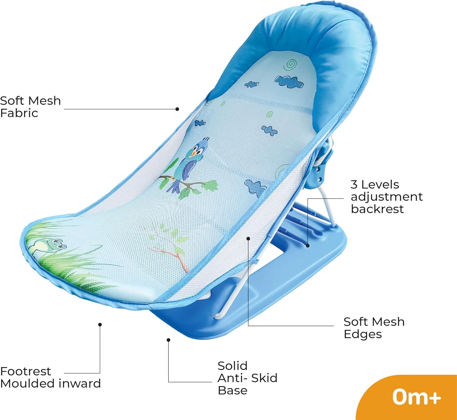 صندلی حمام کودک ماه مدل Shower Me - صندلی حمام کودک قابل تنظیم با 3 حالت خوابیده - صندلی نوزاد با پارچه توری قابل جدا شدن/شستشو - تاشو - مناسب برای وان/سینک از 0 ماهگی - آبی تیره