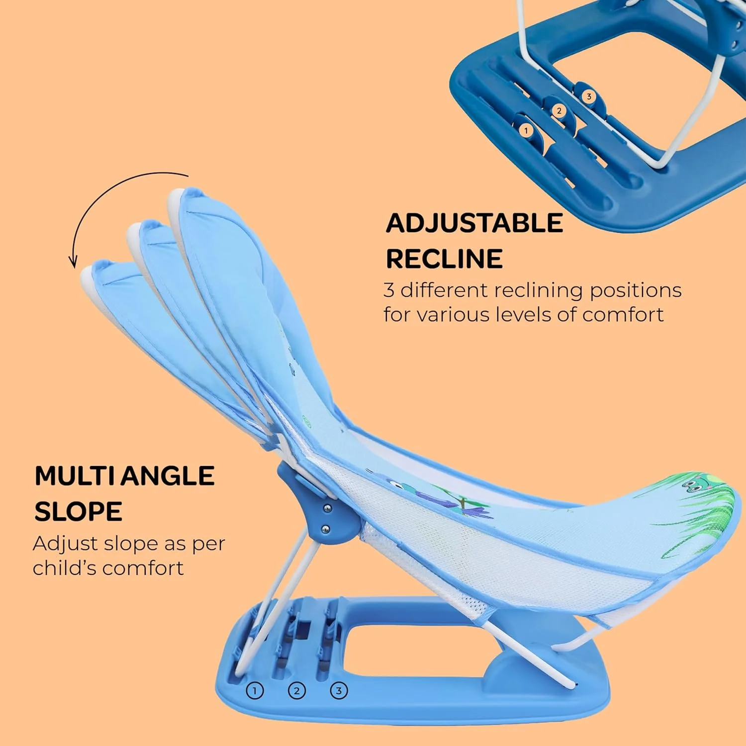 صندلی حمام کودک ماه مدل Shower Me - صندلی حمام کودک قابل تنظیم با 3 حالت خوابیده - صندلی نوزاد با پارچه توری قابل جدا شدن/شستشو - تاشو - مناسب برای وان/سینک از 0 ماهگی - آبی تیره