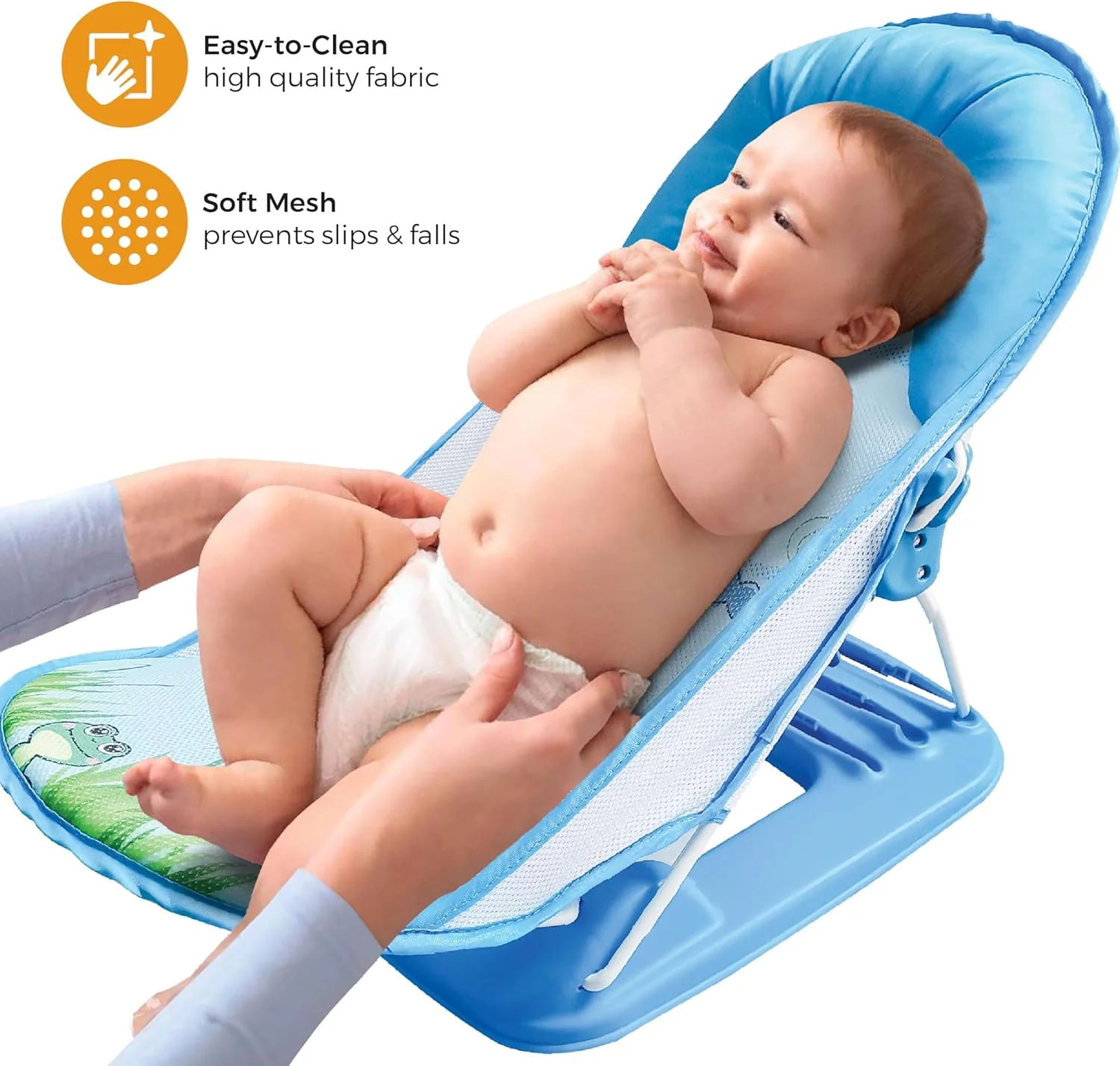 صندلی حمام کودک ماه مدل Shower Me - صندلی حمام کودک قابل تنظیم با 3 حالت خوابیده - صندلی نوزاد با پارچه توری قابل جدا شدن/شستشو - تاشو - مناسب برای وان/سینک از 0 ماهگی - آبی تیره