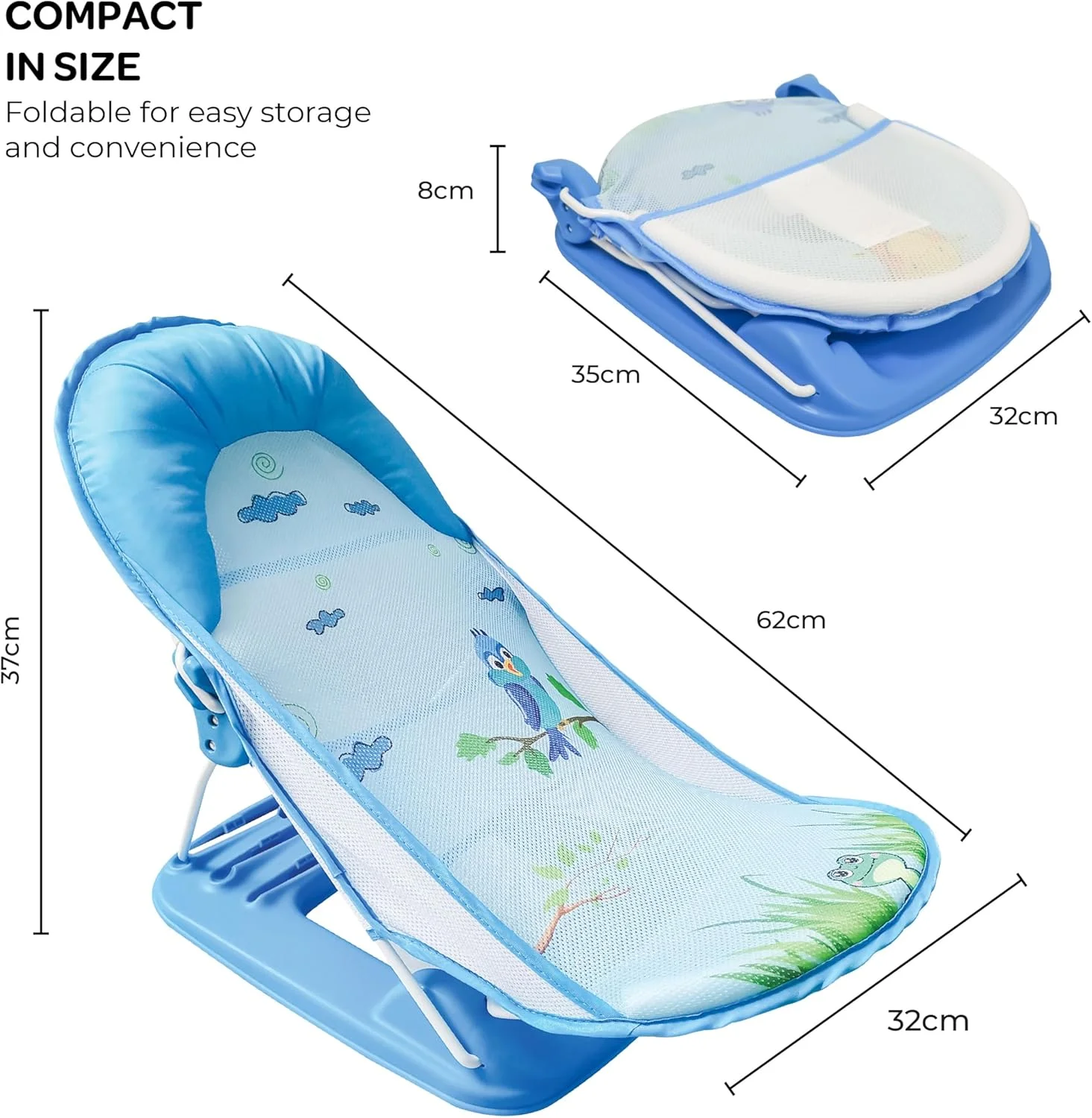 صندلی حمام کودک ماه مدل Shower Me - صندلی حمام کودک قابل تنظیم با 3 حالت خوابیده - صندلی نوزاد با پارچه توری قابل جدا شدن/شستشو - تاشو - مناسب برای وان/سینک از 0 ماهگی - آبی تیره