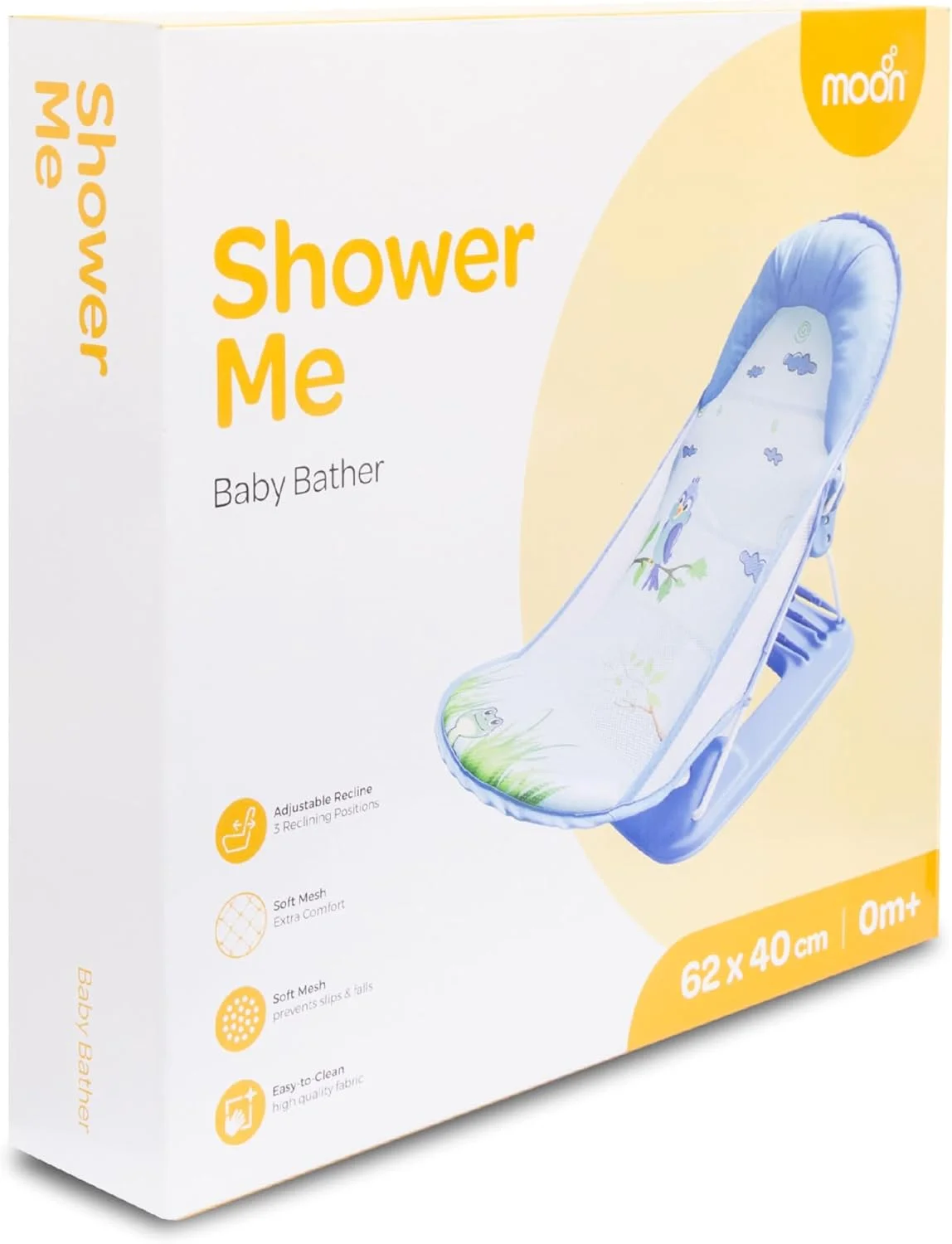 صندلی حمام کودک ماه مدل Shower Me - صندلی حمام کودک قابل تنظیم با 3 حالت خوابیده - صندلی نوزاد با پارچه توری قابل جدا شدن/شستشو - تاشو - مناسب برای وان/سینک از 0 ماهگی - آبی تیره