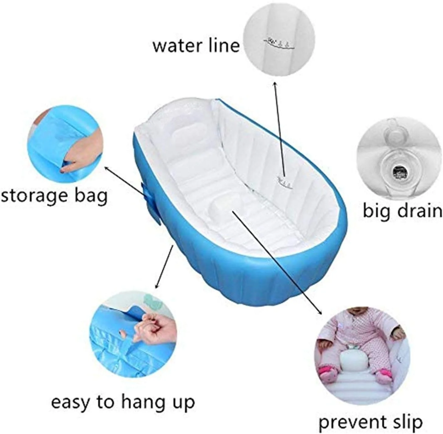 حوضچه بادی کوچک تاشو و قابل حمل کودک، ضد لغزش، مناسب حمام و استخر به همراه پمپ هوا