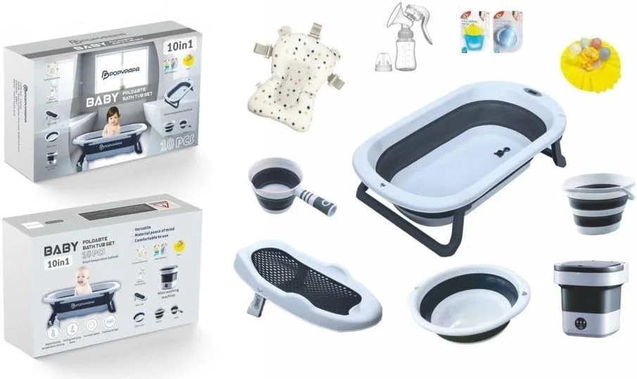 ست وان حمام تاشو کودک 10 در 1 POPYPAPA، با نمایشگر دما، مینی ماشین لباسشویی، چند رنگ (خاکستری)