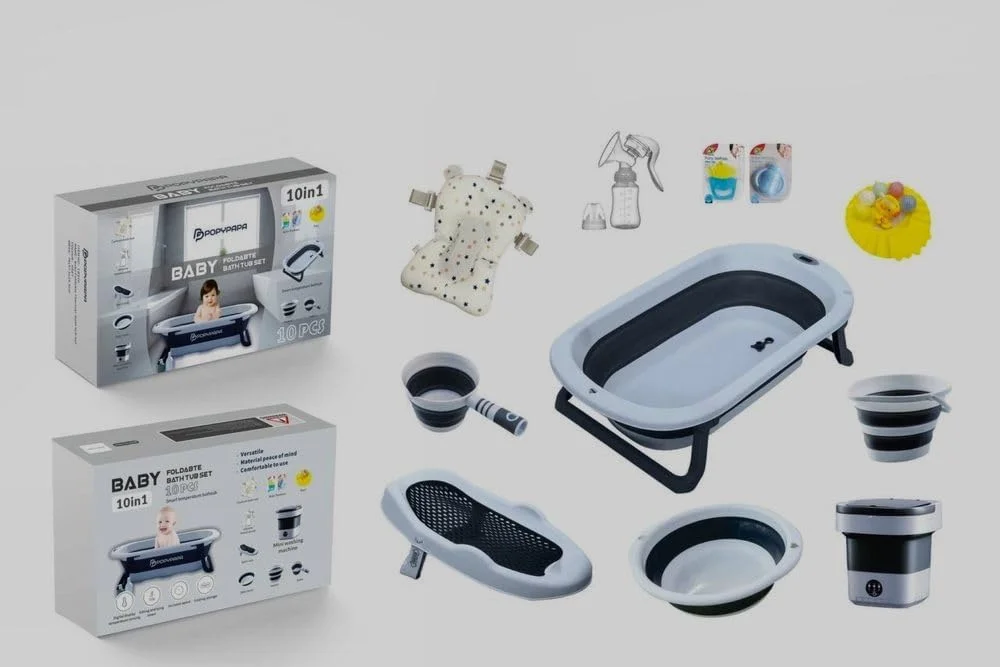 ست وان حمام تاشو کودک 10 در 1 POPYPAPA، با نمایشگر دما، مینی ماشین لباسشویی، چند رنگ (خاکستری)