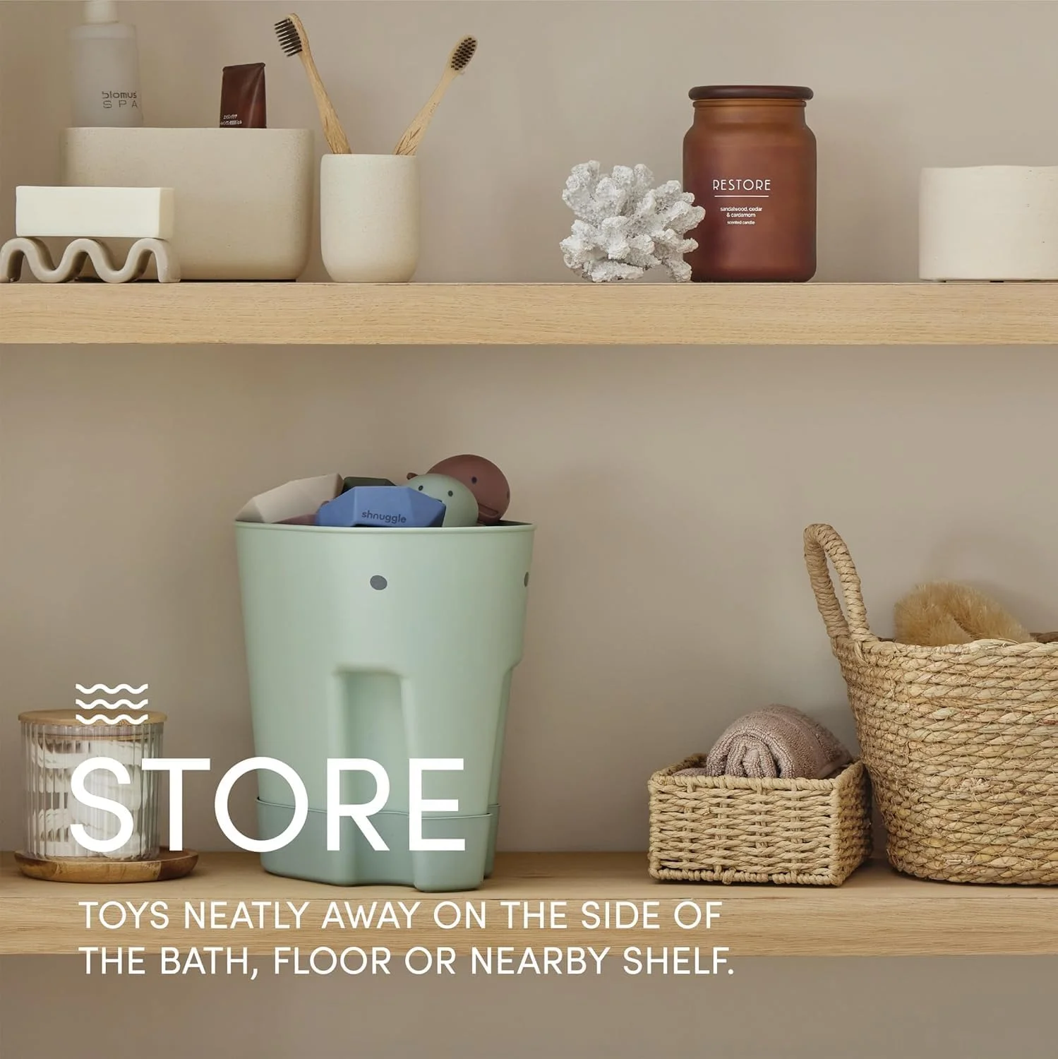 جای خشک کن اسباب بازی حمام Shnuggle Ellie | سبد ذخیره سازی اسباب بازی حمام کودک و نوپا با سینی چکه گیر - اکالیپتوس