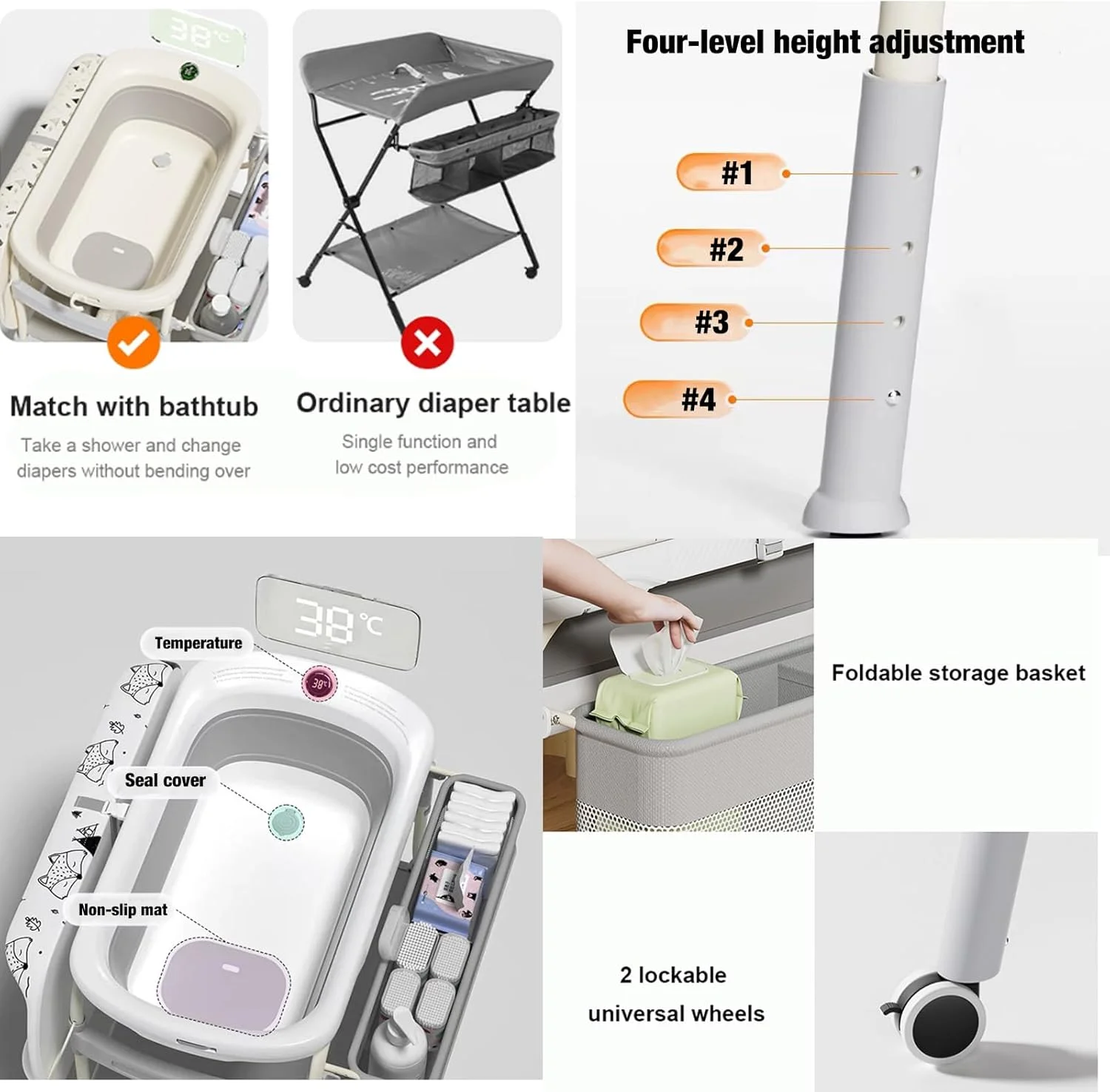 وان حمام و میز تعویض نوزاد 2 در 1 PandaEar، ایستگاه تاشو با ارتفاع قابل تنظیم و پد ضد آب با قفسه ذخیره سازی و چرخ، وان حمام نوزاد با دماسنج