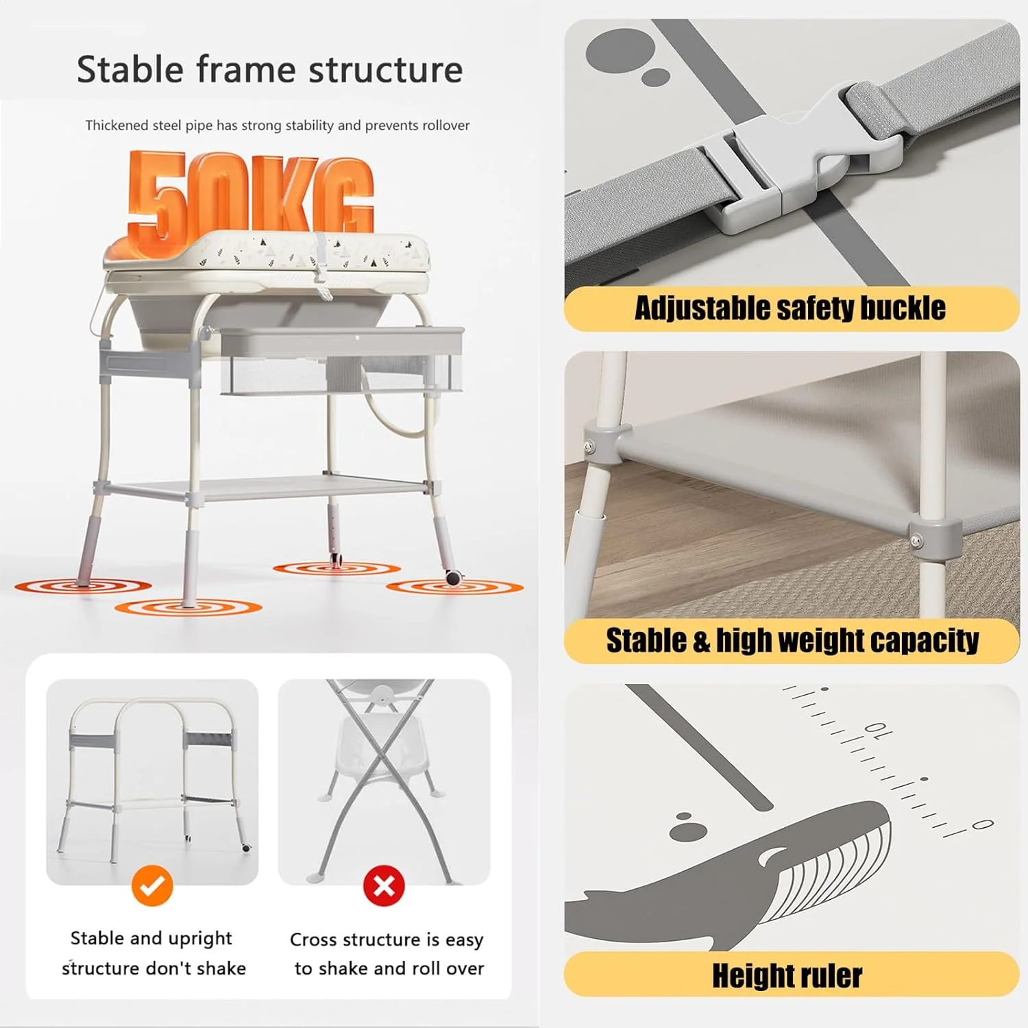 وان حمام و میز تعویض نوزاد 2 در 1 PandaEar، ایستگاه تاشو با ارتفاع قابل تنظیم و پد ضد آب با قفسه ذخیره سازی و چرخ، وان حمام نوزاد با دماسنج