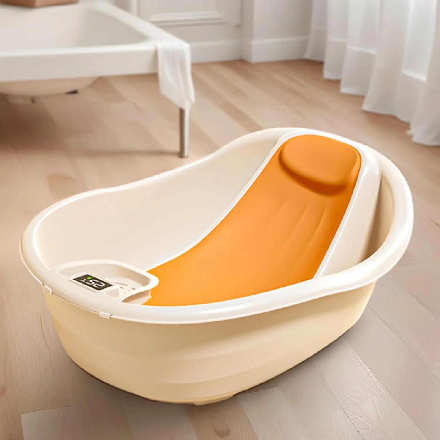 وان حمام کودک Baybee، صندلی حمام نوزاد، استخر شنای کوچک، وان کودک با پشتیبانی ضد لغزش و تکیه گاه سر نرم، وان حمام کودک برای کودکان 0 تا 2 سال (نارنجی)