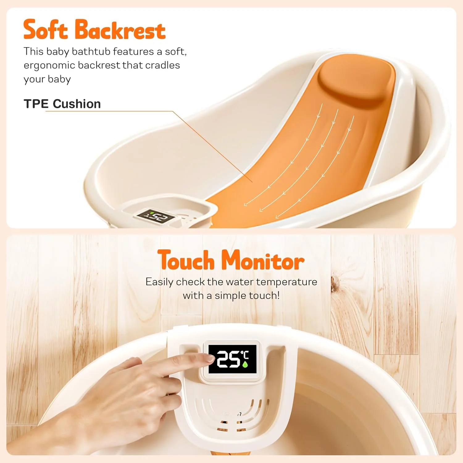 وان حمام کودک Baybee، صندلی حمام نوزاد، استخر شنای کوچک، وان کودک با پشتیبانی ضد لغزش و تکیه گاه سر نرم، وان حمام کودک برای کودکان 0 تا 2 سال (نارنجی)