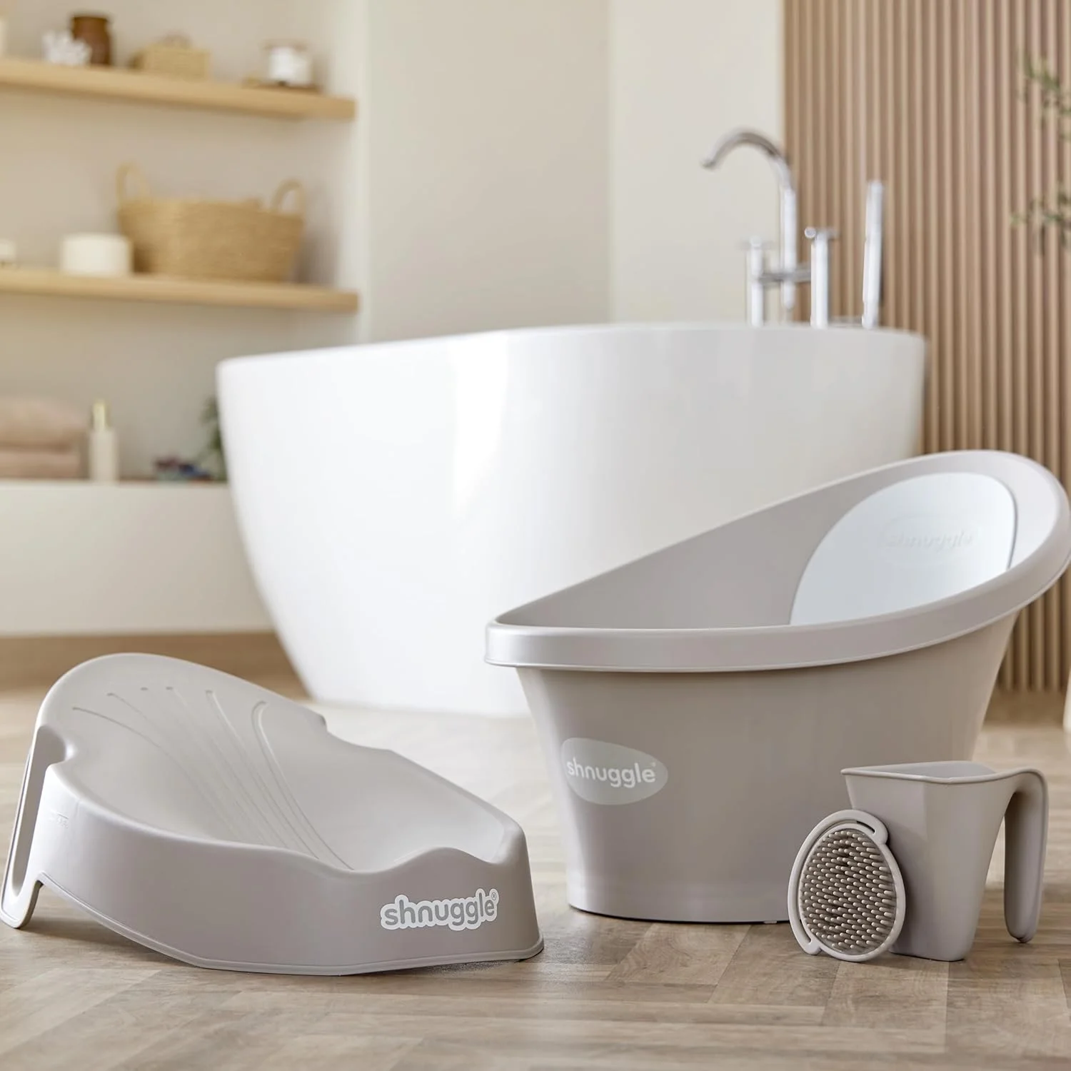 وان حمام نوزاد Shnuggle | دارای برآمدگی تکیه‌گاه و پشتی نرم | مناسب از بدو تولد | دارای درپوش تخلیه (طوسی)