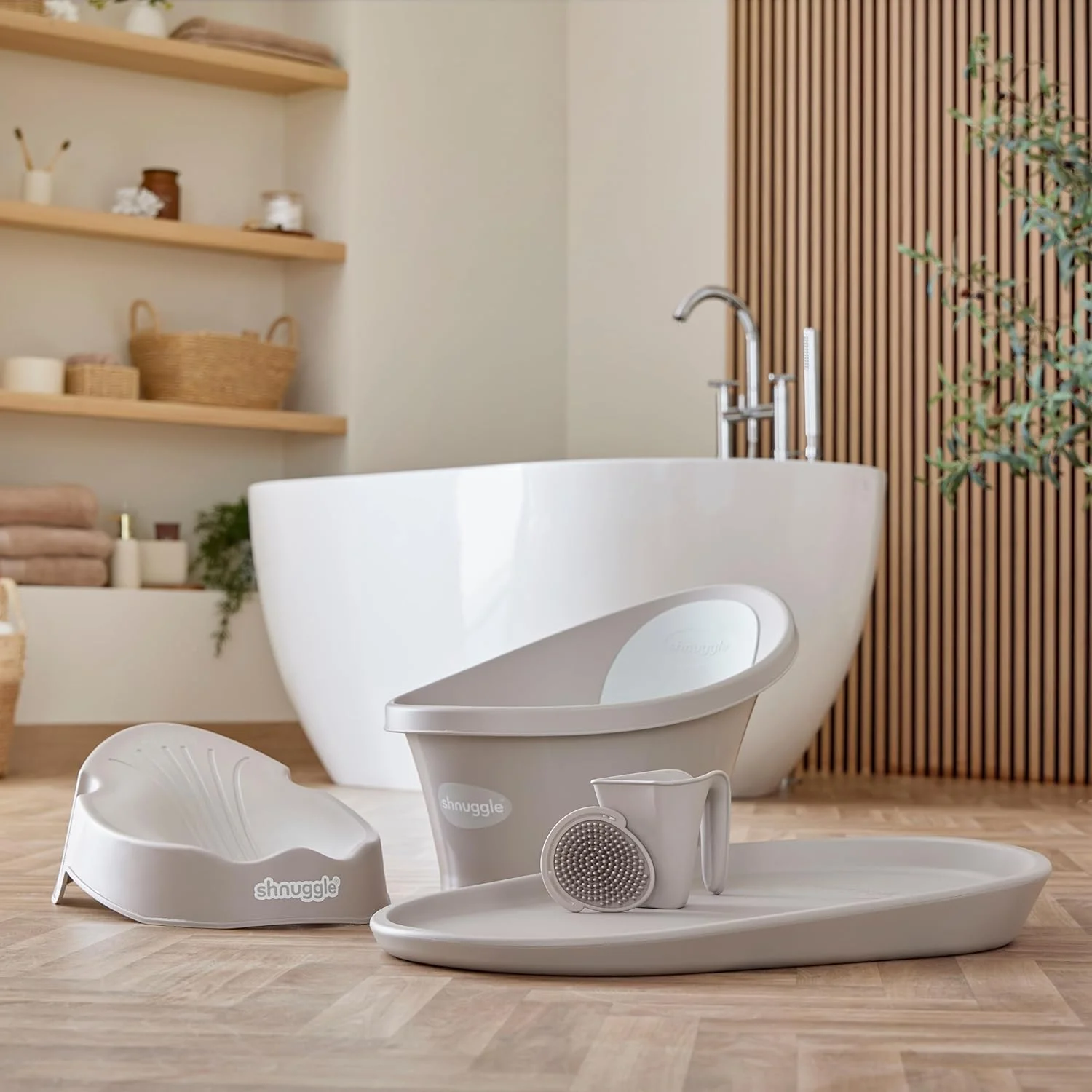 وان حمام نوزاد Shnuggle | دارای برآمدگی تکیه‌گاه و پشتی نرم | مناسب از بدو تولد | دارای درپوش تخلیه (طوسی)