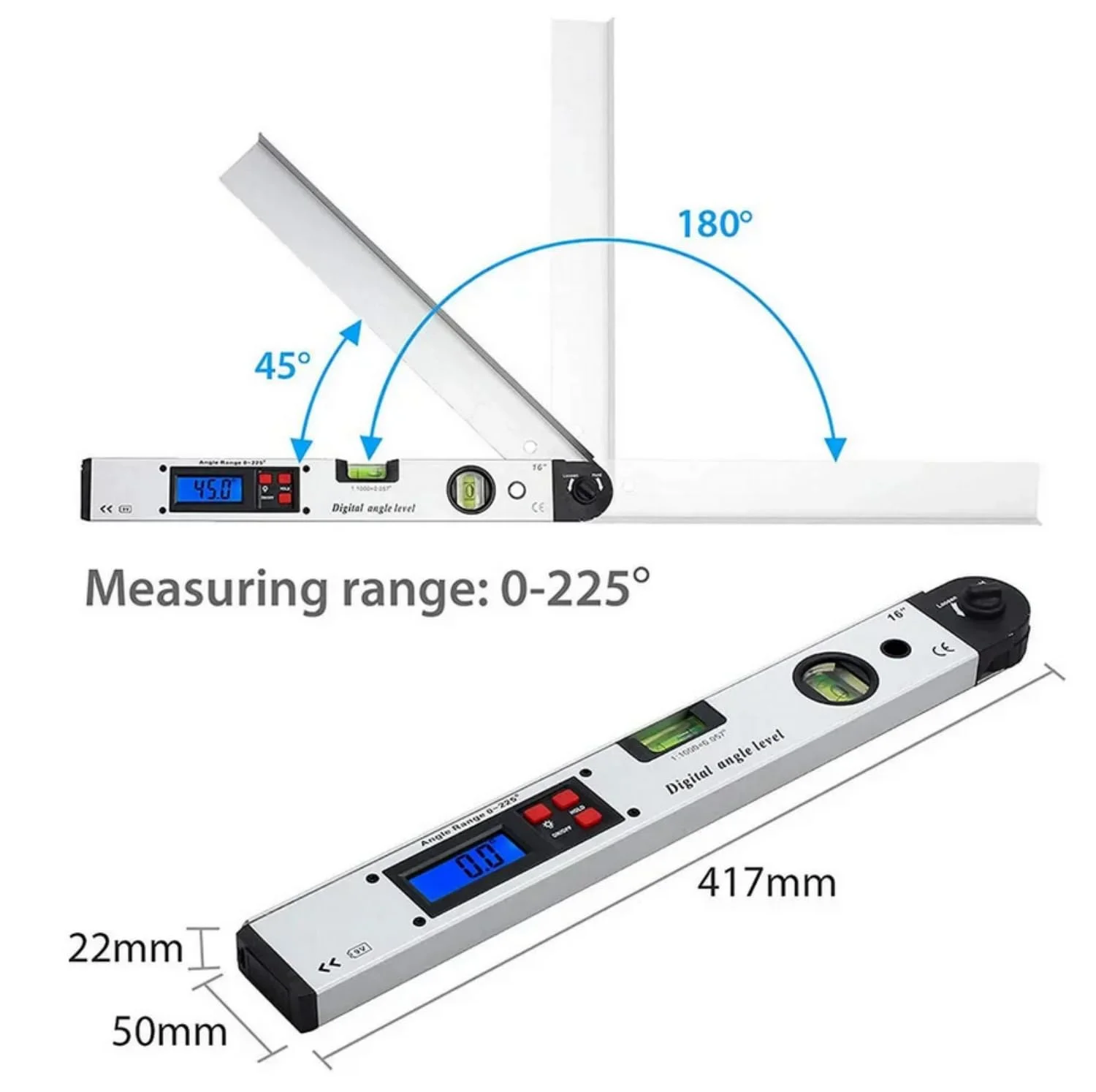 SKEIDO 400mm/16inch 0-225 Degree Protractor Spirit Level Digital Angle Finder Gauge Meter Angle Finder With Level Bubble