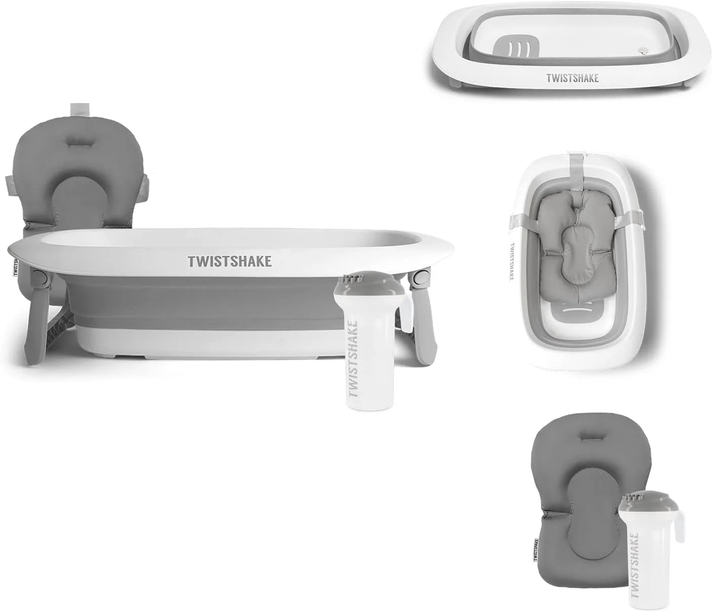 Twistshake Bath Set - Foldable Baby Bath - Non-Slip Pillow - Pouring Jug - Grey, Grey/White