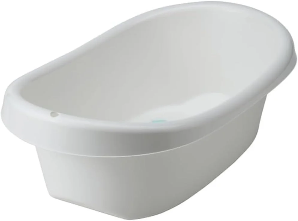 وان حمام کودک برای نوزادان و کودکان نوپا، وان پلاستیکی با لبه های نرم، پایه ضد لغزش و محافظ های لغزنده، وان حمام کودک سبک و قابل حمل، سفید/فیروزه ای