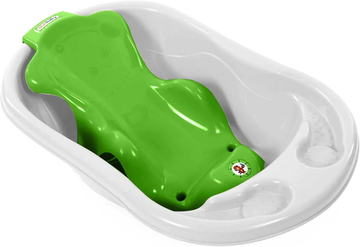 وان حمام بزرگ پلاستیکی ضد لغزش کودک سان بیبی همراه با توری نشیمن کودک، دارای مکنده های ضد لغزش مناسب برای حمام کردن، حمام نوزاد و بازی با حباب (سفید-سبز)