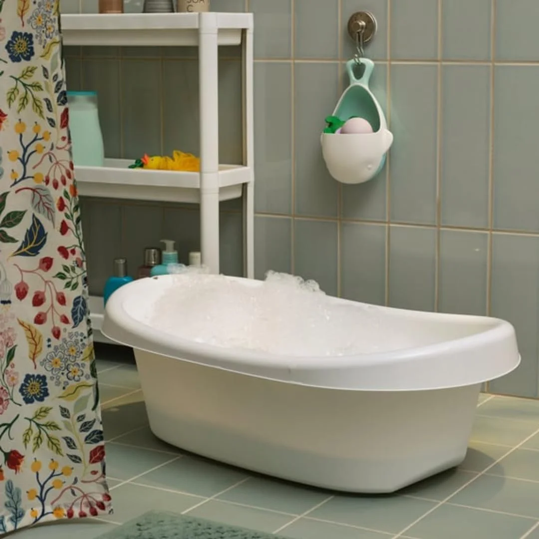 وان حمام کودک برای نوزادان و کودکان نوپا، وان پلاستیکی با لبه های نرم، پایه ضد لغزش و محافظ های لغزنده، وان حمام کودک سبک و قابل حمل، سفید/فیروزه ای