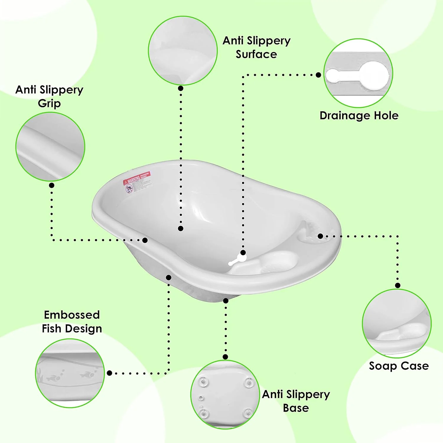 وان حمام بزرگ پلاستیکی ضد لغزش کودک سان بیبی همراه با توری نشیمن کودک، دارای مکنده های ضد لغزش مناسب برای حمام کردن، حمام نوزاد و بازی با حباب (سفید-سبز)