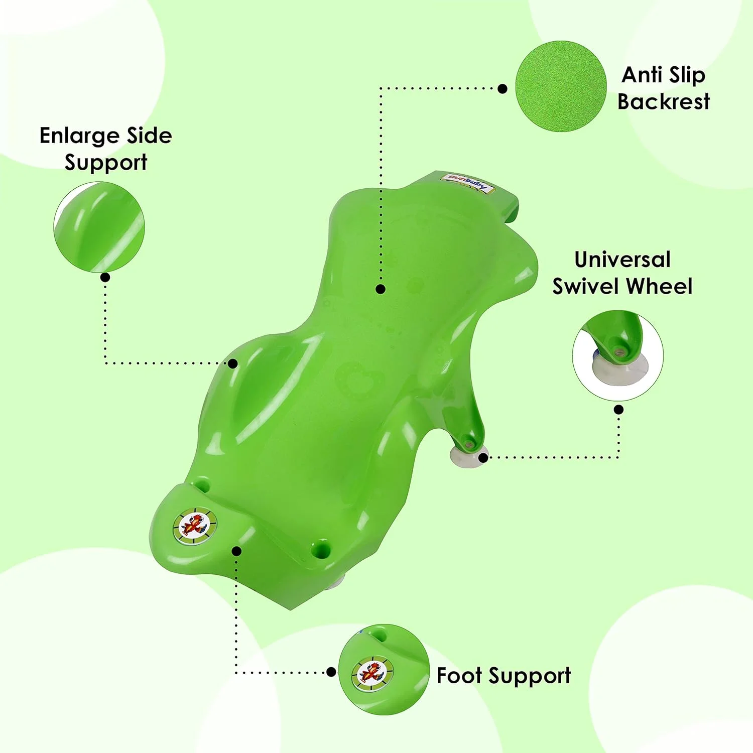 وان حمام بزرگ پلاستیکی ضد لغزش کودک سان بیبی همراه با توری نشیمن کودک، دارای مکنده های ضد لغزش مناسب برای حمام کردن، حمام نوزاد و بازی با حباب (سفید-سبز)