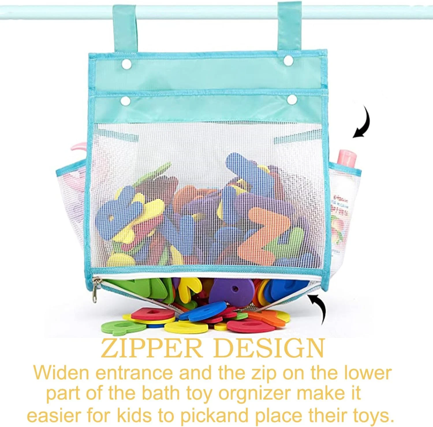 ارگانایزر اسباب بازی حمام توری توی بای، نگهدارنده اسباب بازی حمام با دسترسی سریع برای وان حمام، نگهدارنده اسباب بازی حمام با دهانه پهن برای خشک کردن اسباب بازی ها و نگهداری، نگهدارنده اسباب بازی دوش توری و ارگانایزر نگهداری اسباب بازی وان حمام برای وان