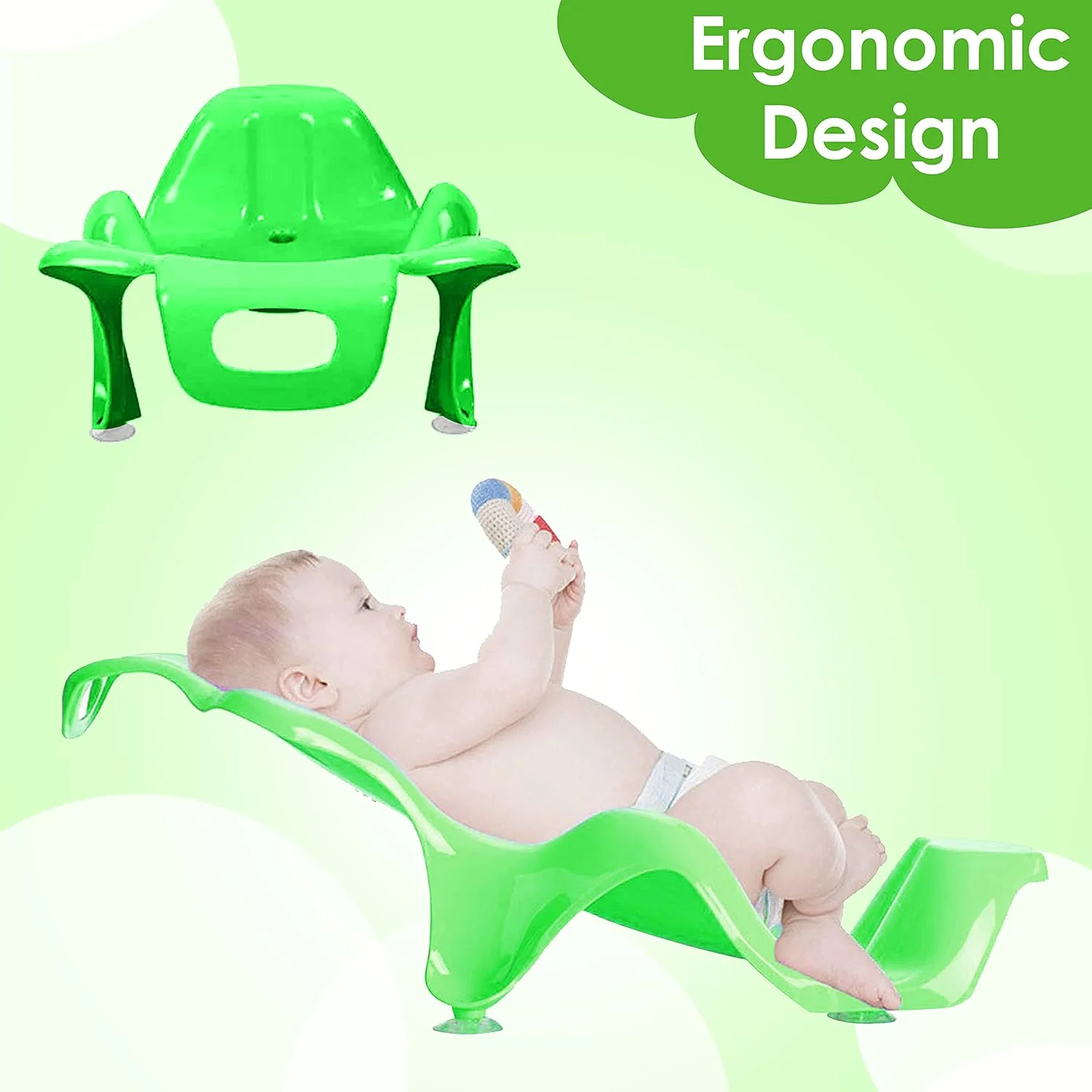 وان حمام بزرگ پلاستیکی ضد لغزش کودک سان بیبی همراه با توری نشیمن کودک، دارای مکنده های ضد لغزش مناسب برای حمام کردن، حمام نوزاد و بازی با حباب (سفید-سبز)