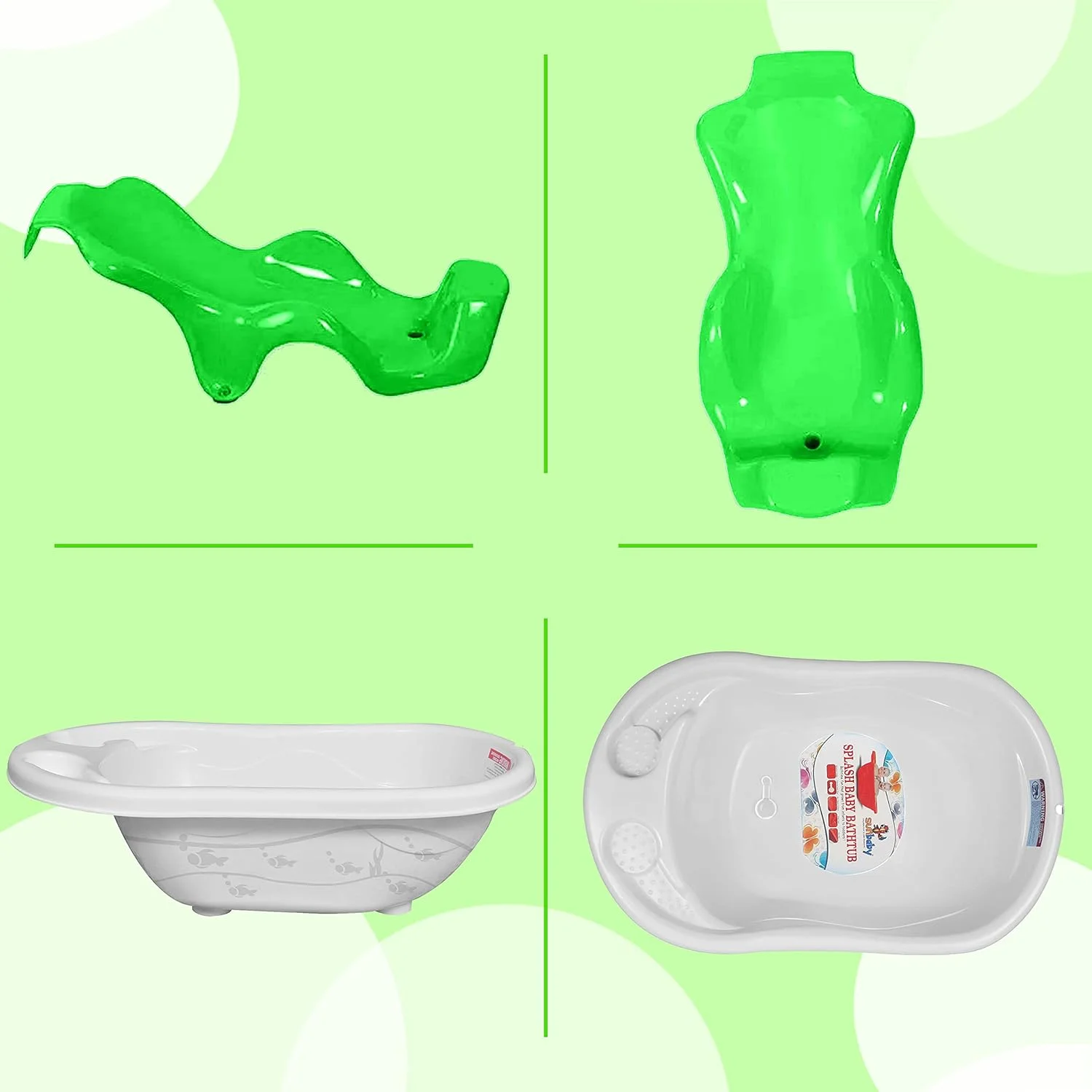 وان حمام بزرگ پلاستیکی ضد لغزش کودک سان بیبی همراه با توری نشیمن کودک، دارای مکنده های ضد لغزش مناسب برای حمام کردن، حمام نوزاد و بازی با حباب (سفید-سبز)