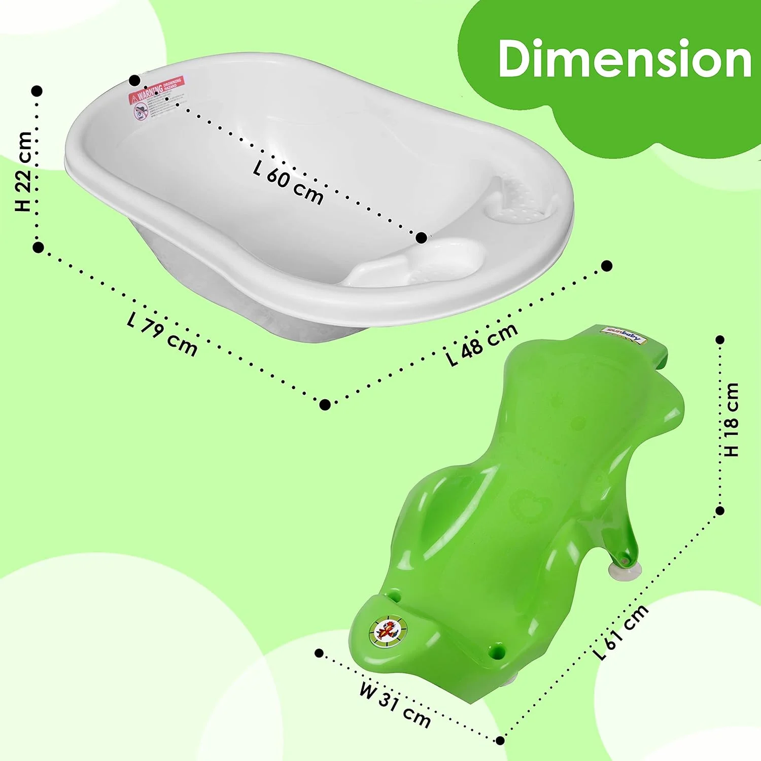 وان حمام بزرگ پلاستیکی ضد لغزش کودک سان بیبی همراه با توری نشیمن کودک، دارای مکنده های ضد لغزش مناسب برای حمام کردن، حمام نوزاد و بازی با حباب (سفید-سبز)