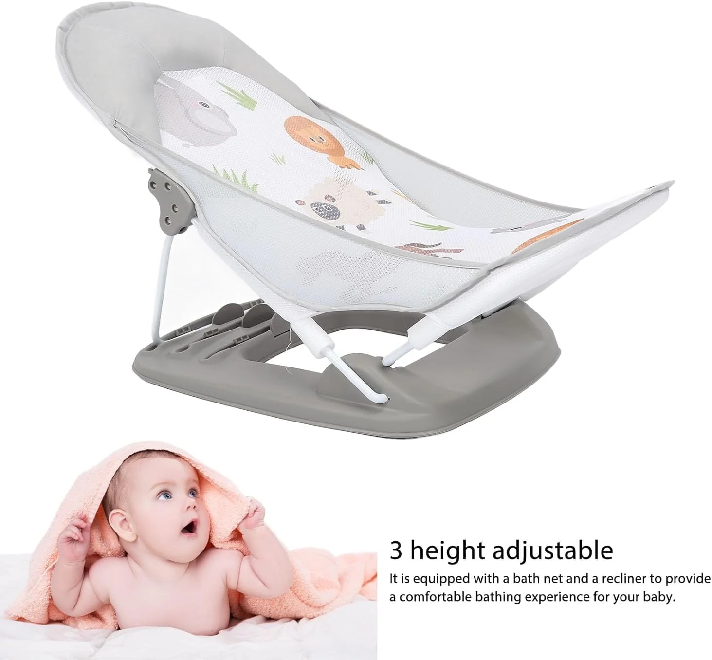 صندلی حمام ضد لغزش کودک TAME برای نوزادان 0-6 ماهه، صندلی حمام با قابلیت تنظیم 3 حالته و قابل شستشو، صندلی حمام کودک برای وان حمام با مکنده و پشتی (خاکستری)