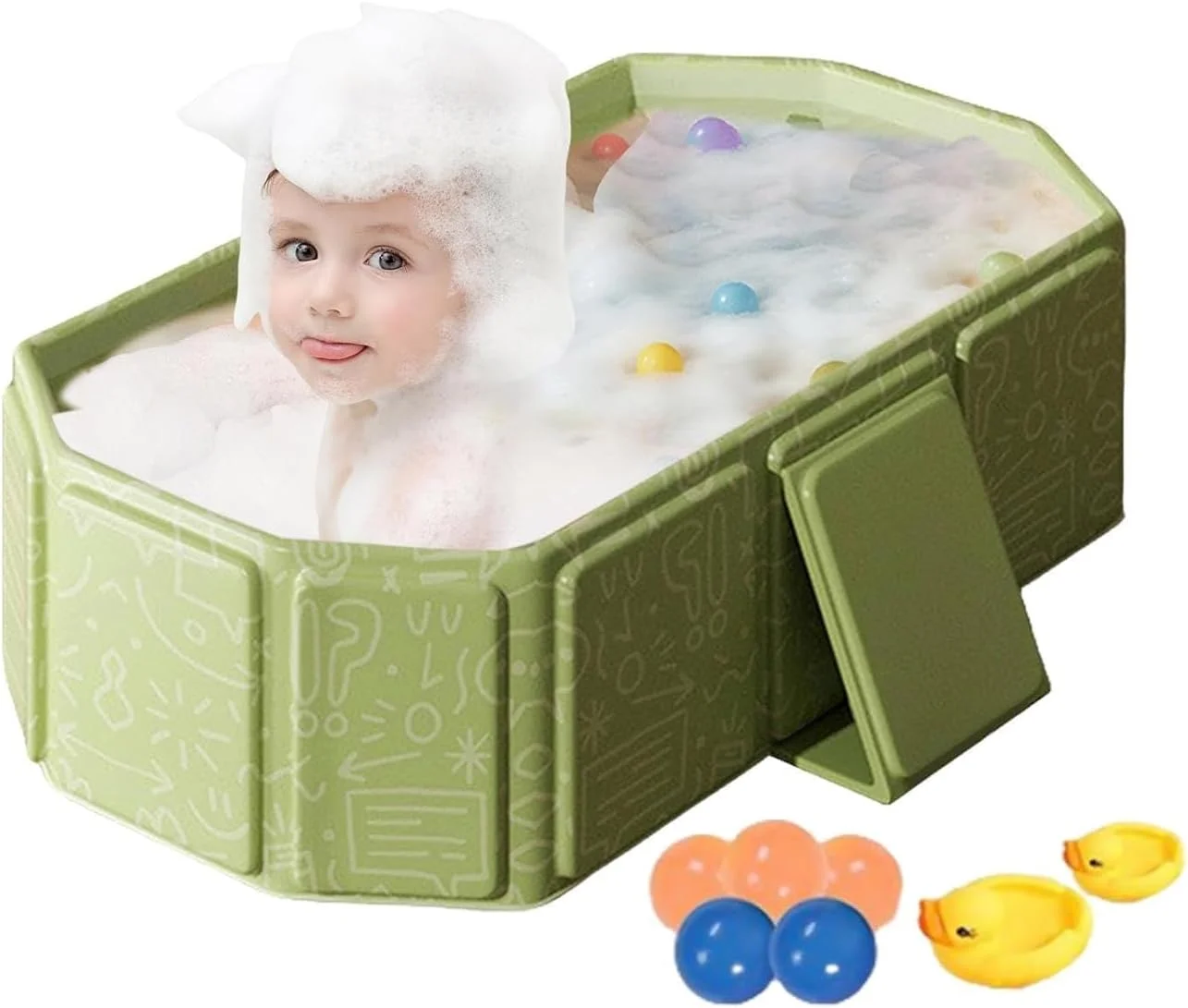 وان تاشو کودک یلاژوی، وان بزرگ تاشو کودک به همراه 2 اردک و 5 توپ، استخر حمام قابل حمل اسباب بازی آبی برای پسران دختران بچه ها، لگن دوش شستشوی گربه سگ