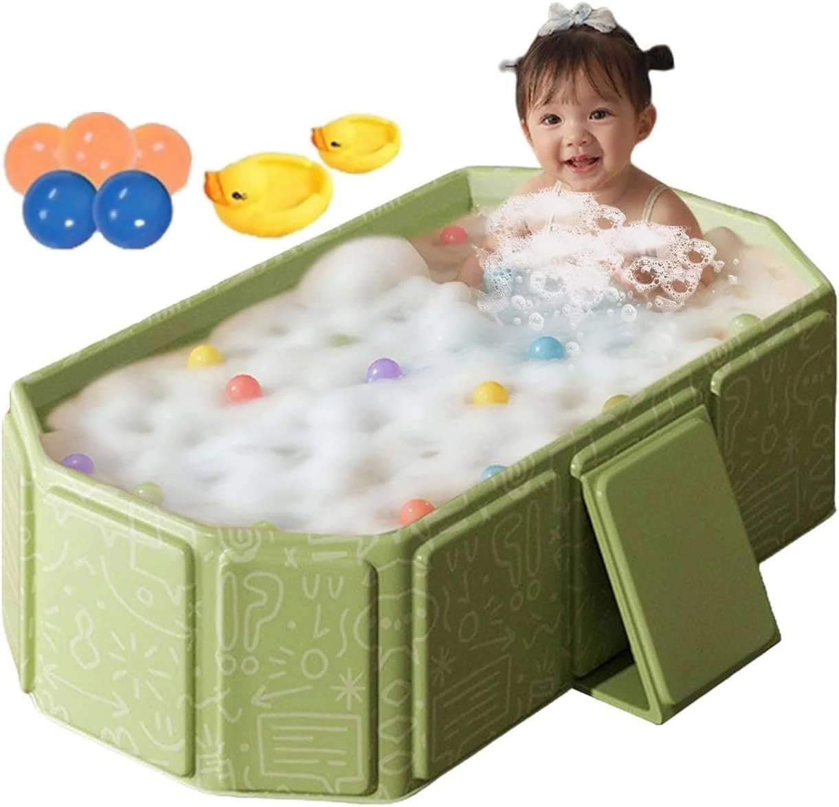 وان تاشو کودک یلاژوی، وان بزرگ تاشو کودک به همراه 2 اردک و 5 توپ، استخر حمام قابل حمل اسباب بازی آبی برای پسران دختران بچه ها، لگن دوش شستشوی گربه سگ