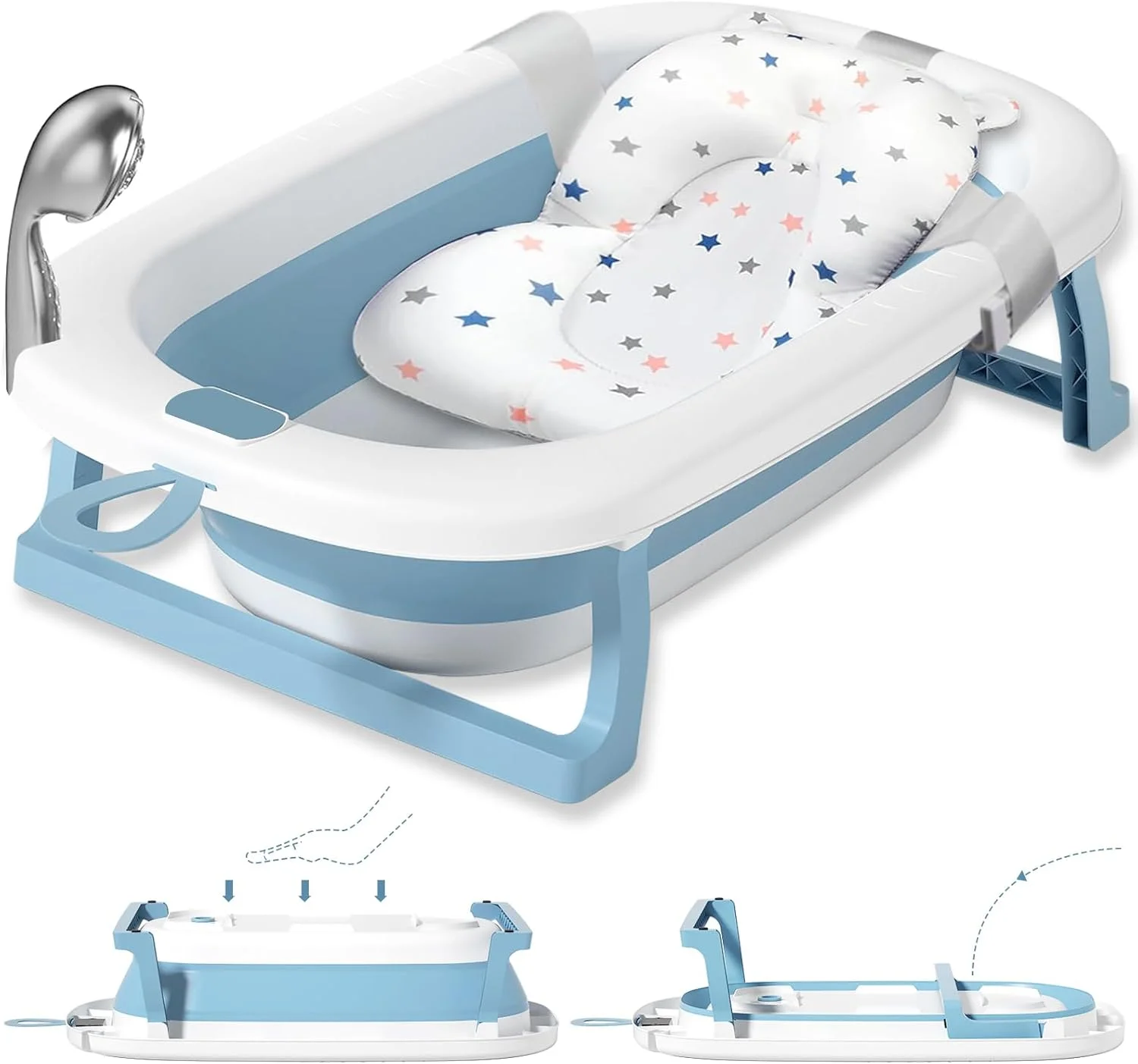 وان حمام تاشو کودک Yoawllty با کوسن زیرانداز حمام، وان حمام قابل حمل کودک با سوراخ تخلیه، حوضچه دوش با پایه نگهدارنده ضد لغزش برای پسران و دختران 0-6 ساله (آبی)