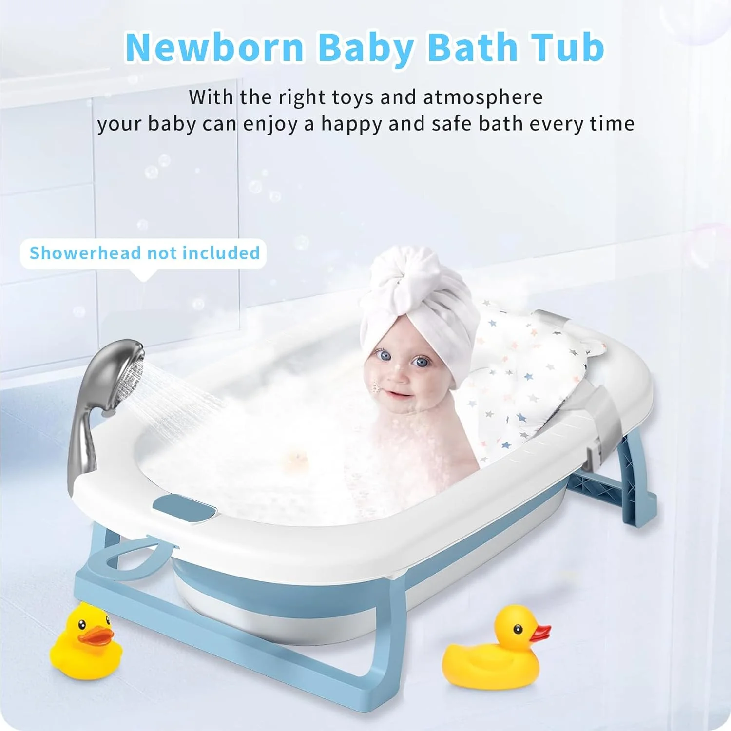 وان حمام تاشو کودک Yoawllty با کوسن زیرانداز حمام، وان حمام قابل حمل کودک با سوراخ تخلیه، حوضچه دوش با پایه نگهدارنده ضد لغزش برای پسران و دختران 0-6 ساله (آبی)
