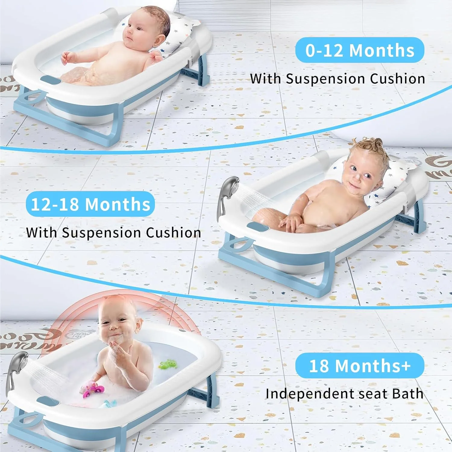 وان حمام تاشو کودک Yoawllty با کوسن زیرانداز حمام، وان حمام قابل حمل کودک با سوراخ تخلیه، حوضچه دوش با پایه نگهدارنده ضد لغزش برای پسران و دختران 0-6 ساله (آبی)