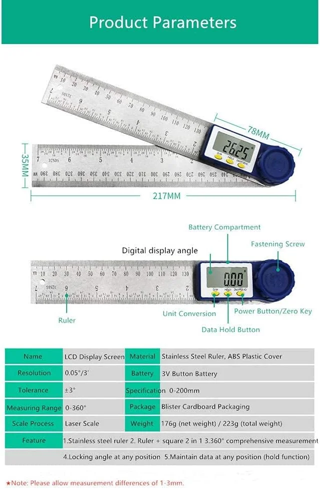 زاویه سنج دیجیتال 0-200 میلی متر MXGZ، 8 اینچی، شیب سنج دیجیتال، گونیومتر الکترونیکی، نقاله، زاویه یاب، ابزار اندازه گیری