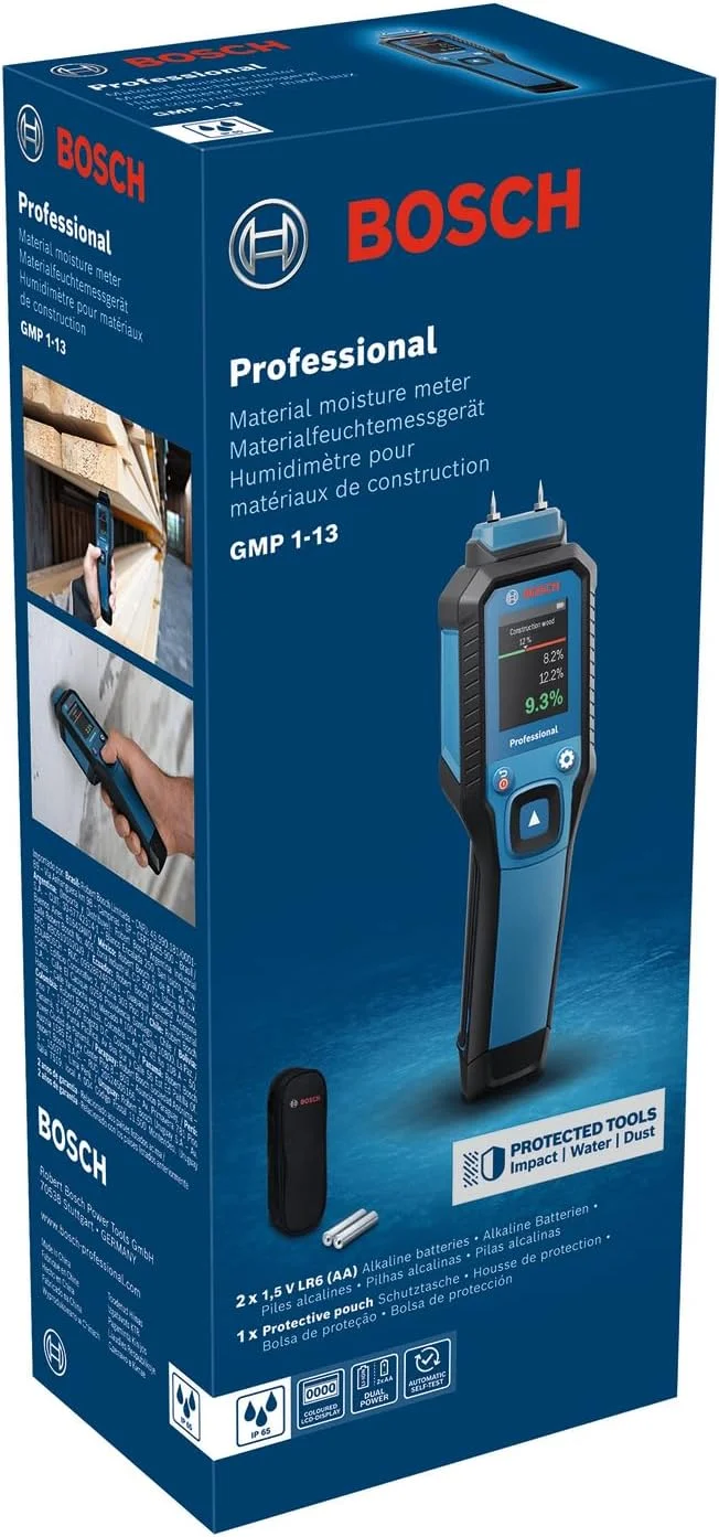 رطوبت سنج حرفه ای بوش مدل GMP 1-13 (سوزنی، اندازه گیری 37 نوع چوب و 10 نوع مصالح ساختمانی، استاندارد IP65، صفحه نمایش LCD با کنتراست بالا، 2 عدد باتری AA، کیف)