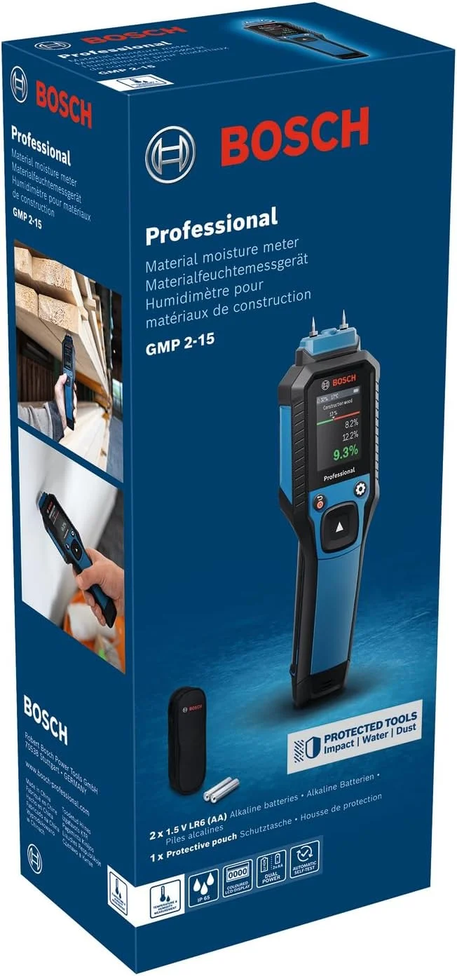 رطوبت سنج سوزنی بوش پروفشنال مدل GMP 2-15 (اندازه گیری 37 نوع چوب و 10 نوع مصالح ساختمانی، ترمو-هیگرومتر یکپارچه، IP65، 2 عدد باتری AA، کیف) رطوبت سنج سوزنی بوش پروفشنال مدل GMP 2-15 (اندازه گیری 37 نوع چوب و 10 نوع مصالح ساختمانی، ترمو-هیگرومتر یکپارچه، IP65، 2 عدد باتری AA، کیف)