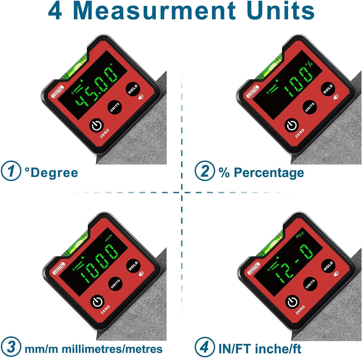 زاویه یاب دیجیتال مغناطیسی ای اوتیل با تراز حبابی، شیب سنج 4 X 90 درجه، تراز کوچک زاویه سنج برای نجاری، درودگری، ساختمان سازی، اره میزی، با ابزار اندازه گیری زاویه LCD دارای نور پس زمینه