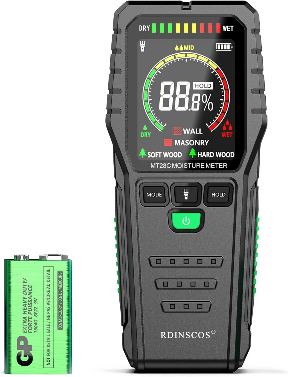 رطوبت سنج بدون سوزن برای چوب، کف و بتن - تستر رطوبت دیجیتال با صفحه نمایش ال سی دی 3 رنگ، آلارم صوتی و عملکرد HOLD - ایده آل برای هیزم، الوار، بازرسی خانه (قرمز_سبز)
