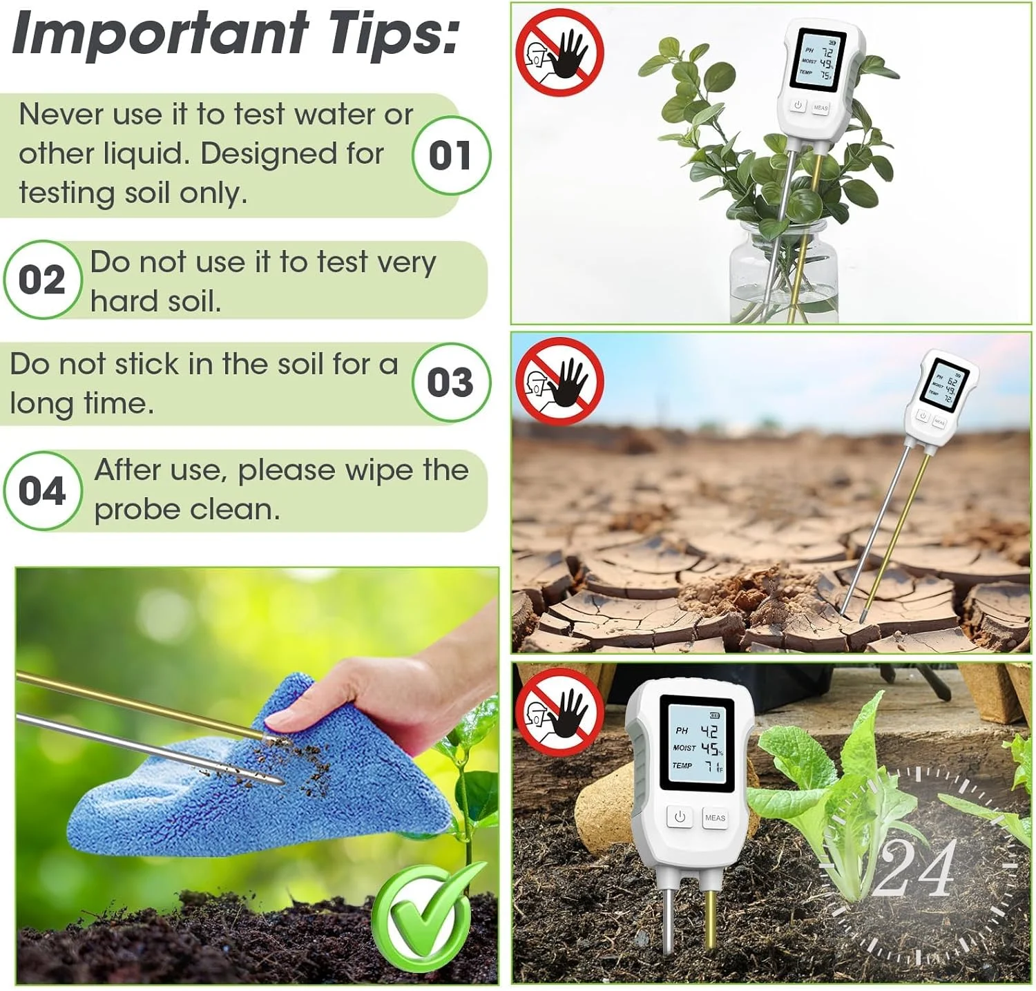 NALACAL رطوبت سنج دیجیتال خاک 3 در 1 با صفحه نمایش LCD دارای نور پس زمینه - اندازه گیری دما، رطوبت و PH، ایده آل برای گیاهان آپارتمانی، باغ ها، چمنزارها، استفاده در محیط داخلی و خارجی NALACAL رطوبت سنج دیجیتال خاک 3 در 1 با صفحه نمایش LCD دارای نور پس زمینه - اندازه گیری دما، رطوبت و PH، ایده آل برای گیاهان آپارتمانی، باغ ها، چمنزارها، استفاده در محیط داخلی و خارجی
