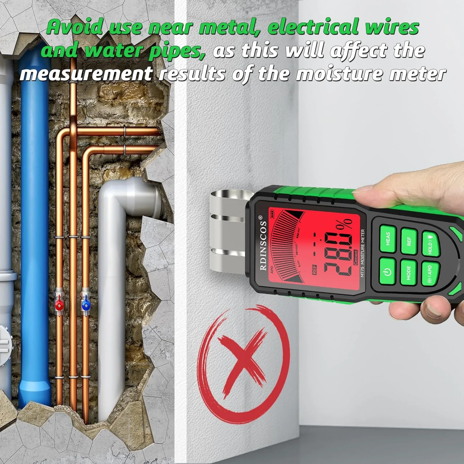 رطوبت سنج غیر مخرب RDINSCOS برای چوب، سیمان، کف، دیوار خشک، بتن و گچ - رطوبت یاب دیجیتال غیر تهاجمی با عمق 40 میلی متر، حالت REF، LCD با نور پس زمینه، برای استفاده خانگی و حرفه ای رطوبت سنج غیر مخرب RDINSCOS برای چوب، سیمان، کف، دیوار خشک، بتن و گچ - رطوبت یاب دیجیتال غیر تهاجمی با عمق 40 میلی متر، حالت REF، LCD با نور پس زمینه، برای استفاده خانگی و حرفه ای