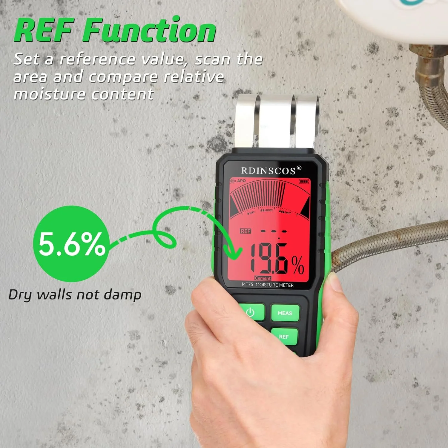 رطوبت سنج غیر مخرب RDINSCOS برای چوب، سیمان، کف، دیوار خشک، بتن و گچ - رطوبت یاب دیجیتال غیر تهاجمی با عمق 40 میلی متر، حالت REF، LCD با نور پس زمینه، برای استفاده خانگی و حرفه ای رطوبت سنج غیر مخرب RDINSCOS برای چوب، سیمان، کف، دیوار خشک، بتن و گچ - رطوبت یاب دیجیتال غیر تهاجمی با عمق 40 میلی متر، حالت REF، LCD با نور پس زمینه، برای استفاده خانگی و حرفه ای
