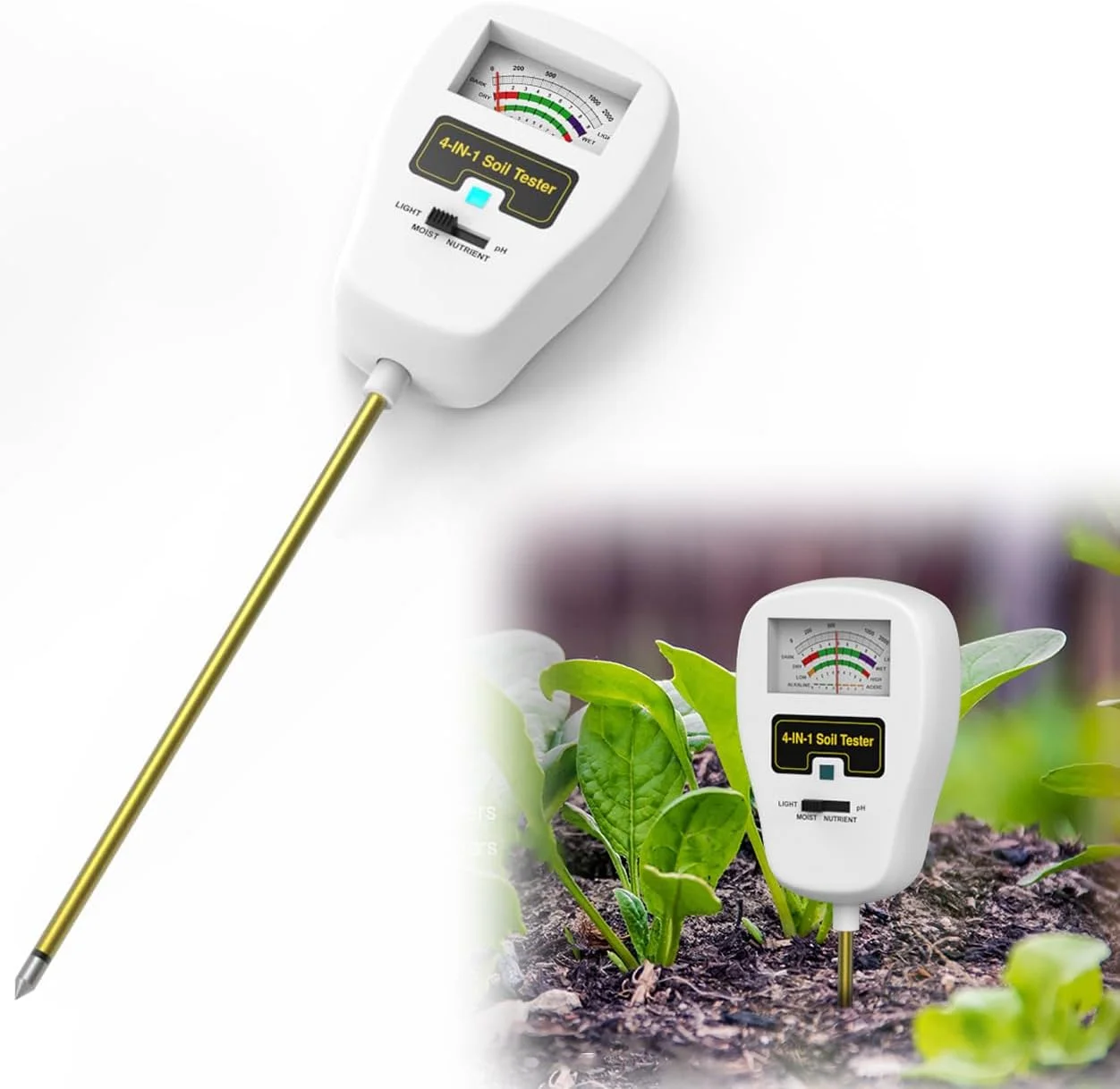 دستگاه سنجش رطوبت خاک گیاه NALACAL، دستگاه pH خاک برای باغ، دستگاه سنجش رطوبت خاک برای گیاهان آپارتمانی، تستر 4 در 1 رطوبت/pH/مواد مغذی/نور خاک، عالی برای استفاده در داخل و خارج از منزل