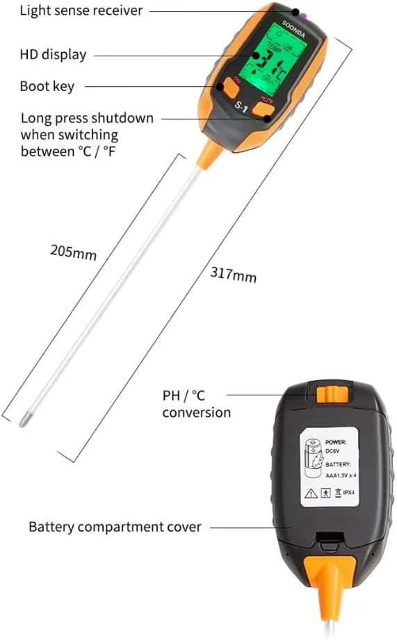 دستگاه PH سنج خاک BIGTHREE، دستگاه رطوبت سنج 4 در 1 خاک، ردیاب خاک خانگی، کیت تست خاک، تستر آب گیاه برای PH خاک، رطوبت، نور، دما، باغ، گیاه گلدانی
